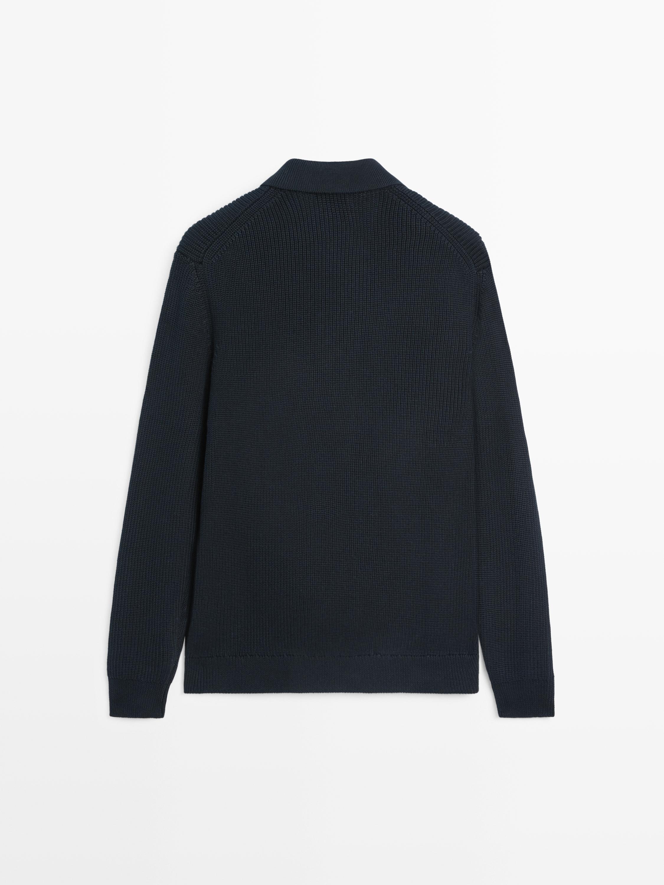 Cotton knit cardigan with pockets — NAVY BLUE