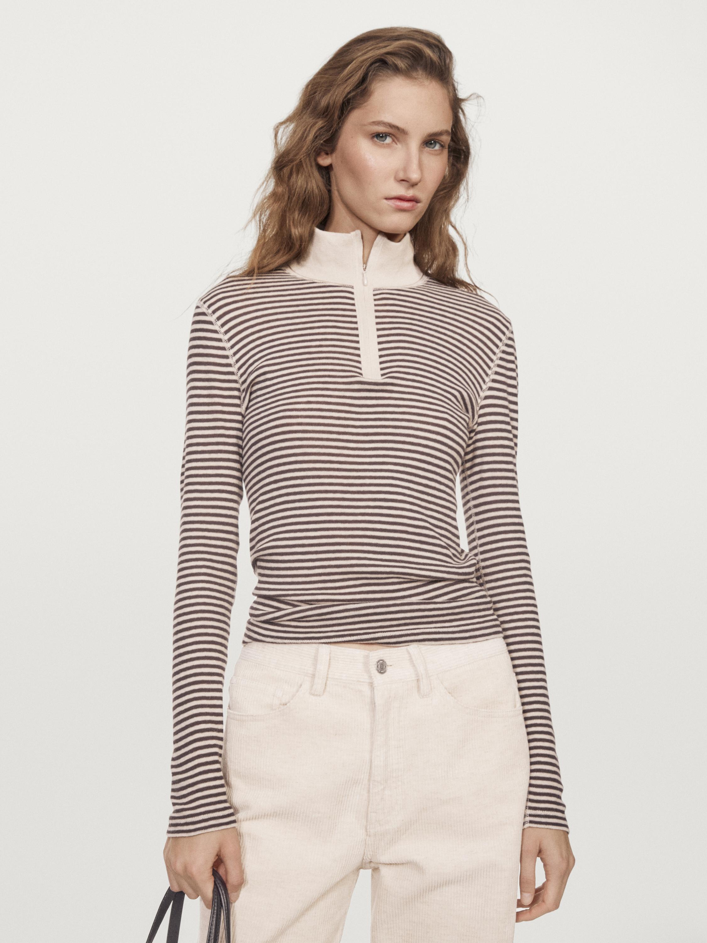 Pull en maille fine à col zippé et rayures