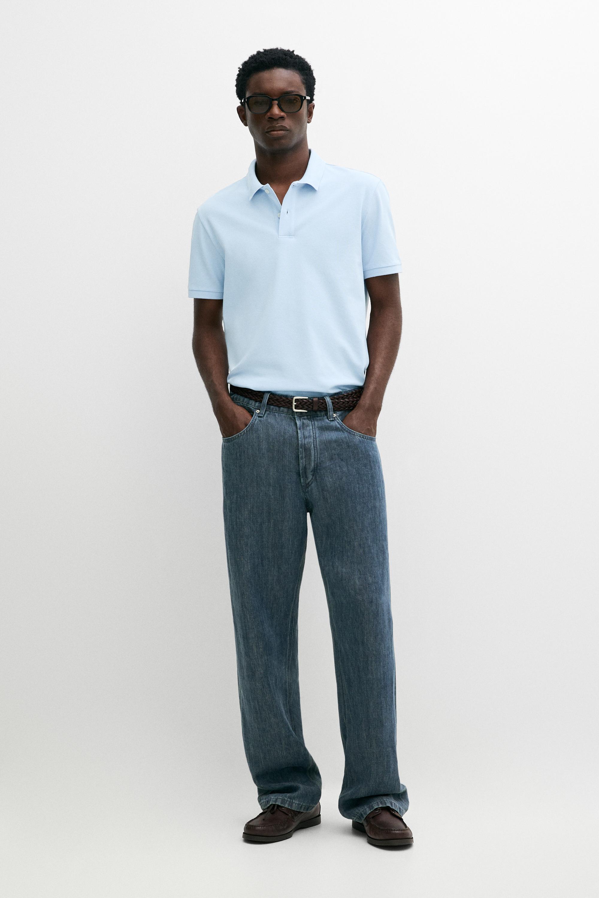 Micro-textured cotton piqué polo shirt — Light Blue