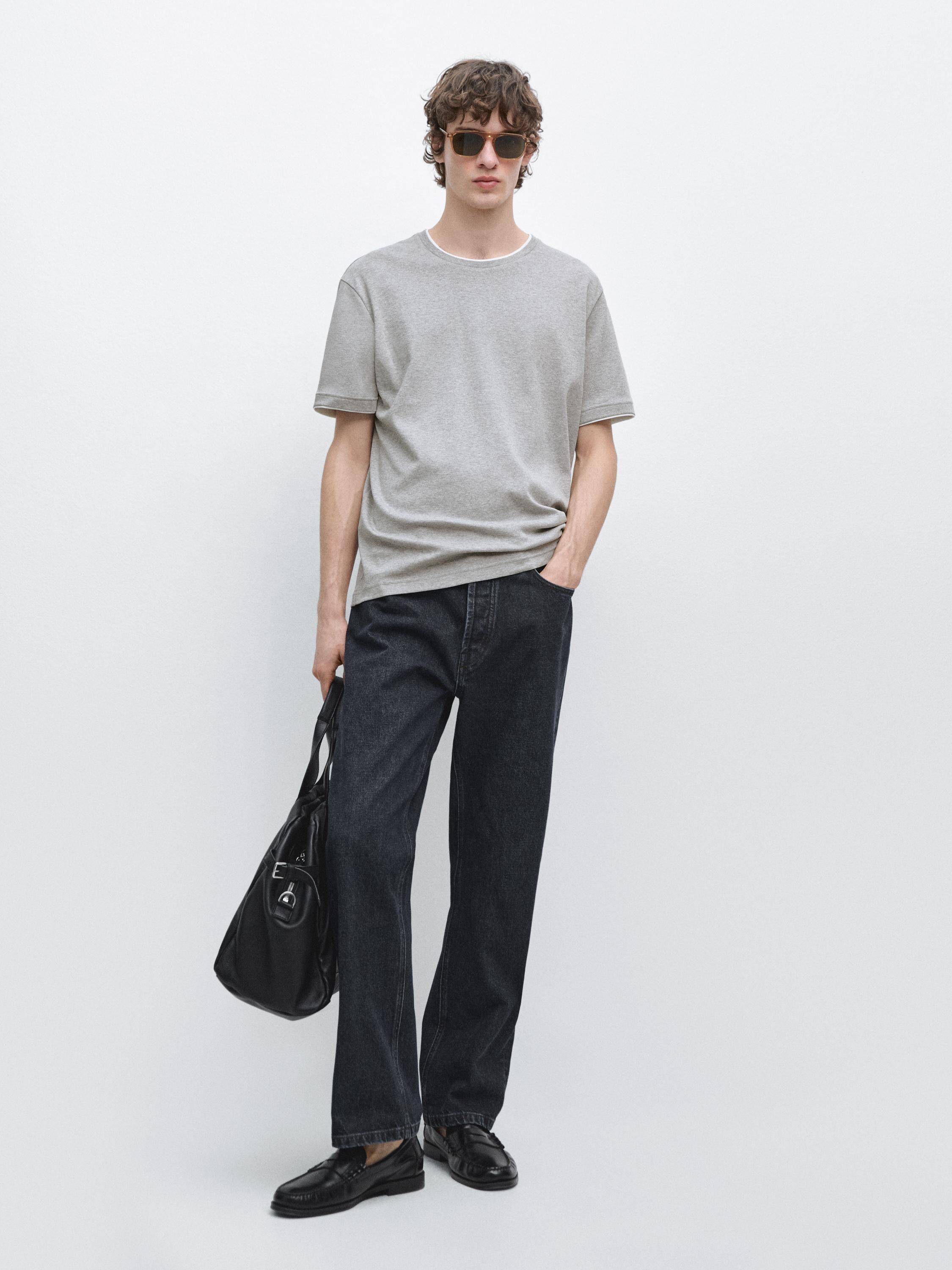 100% cotton T-shirt with contrast detail — GREY MARL