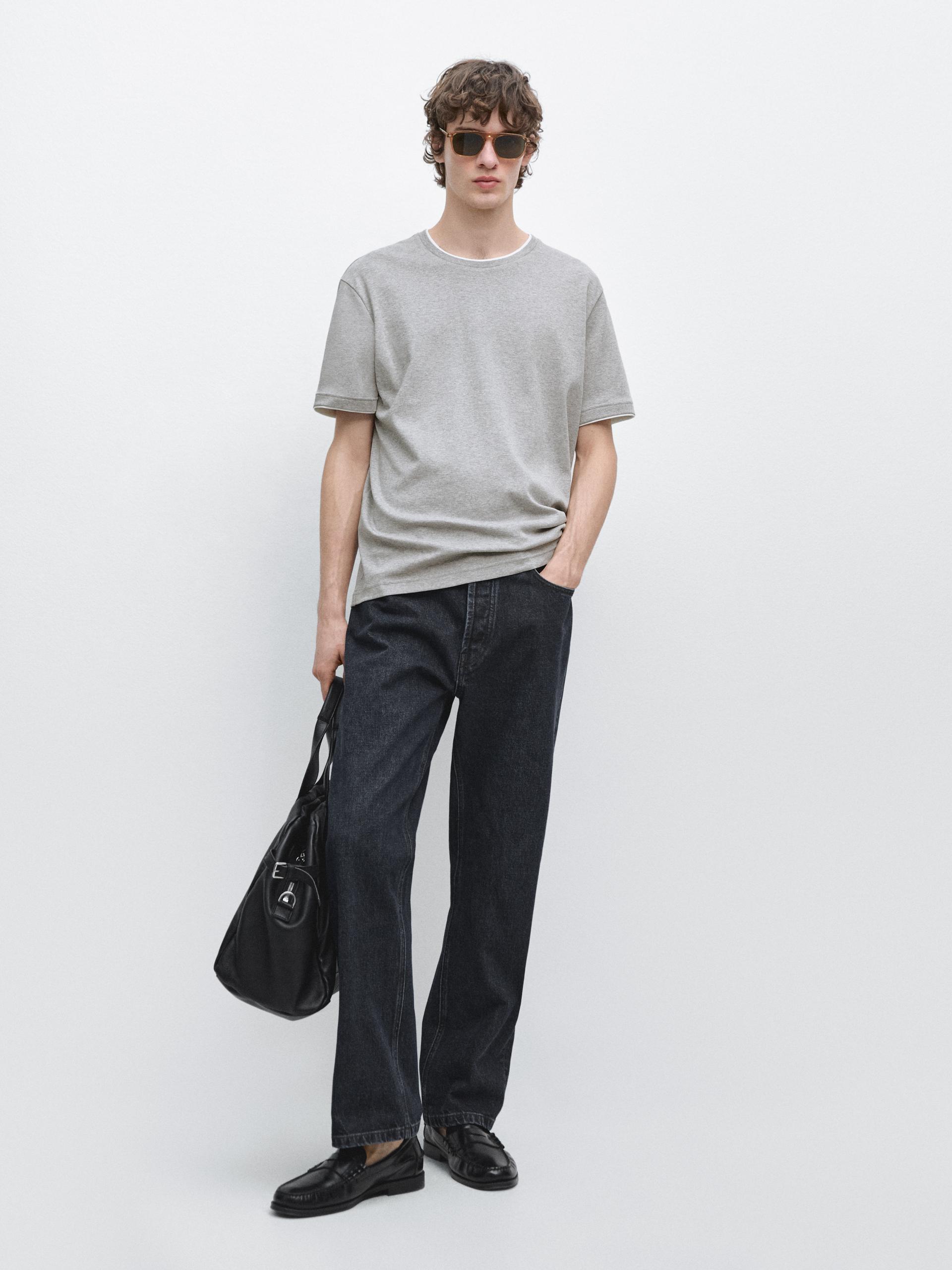 T-Shirt Détail Contrastant 100 % Coton - Gris Chiné - Xl - Massimo Dutti - Homme