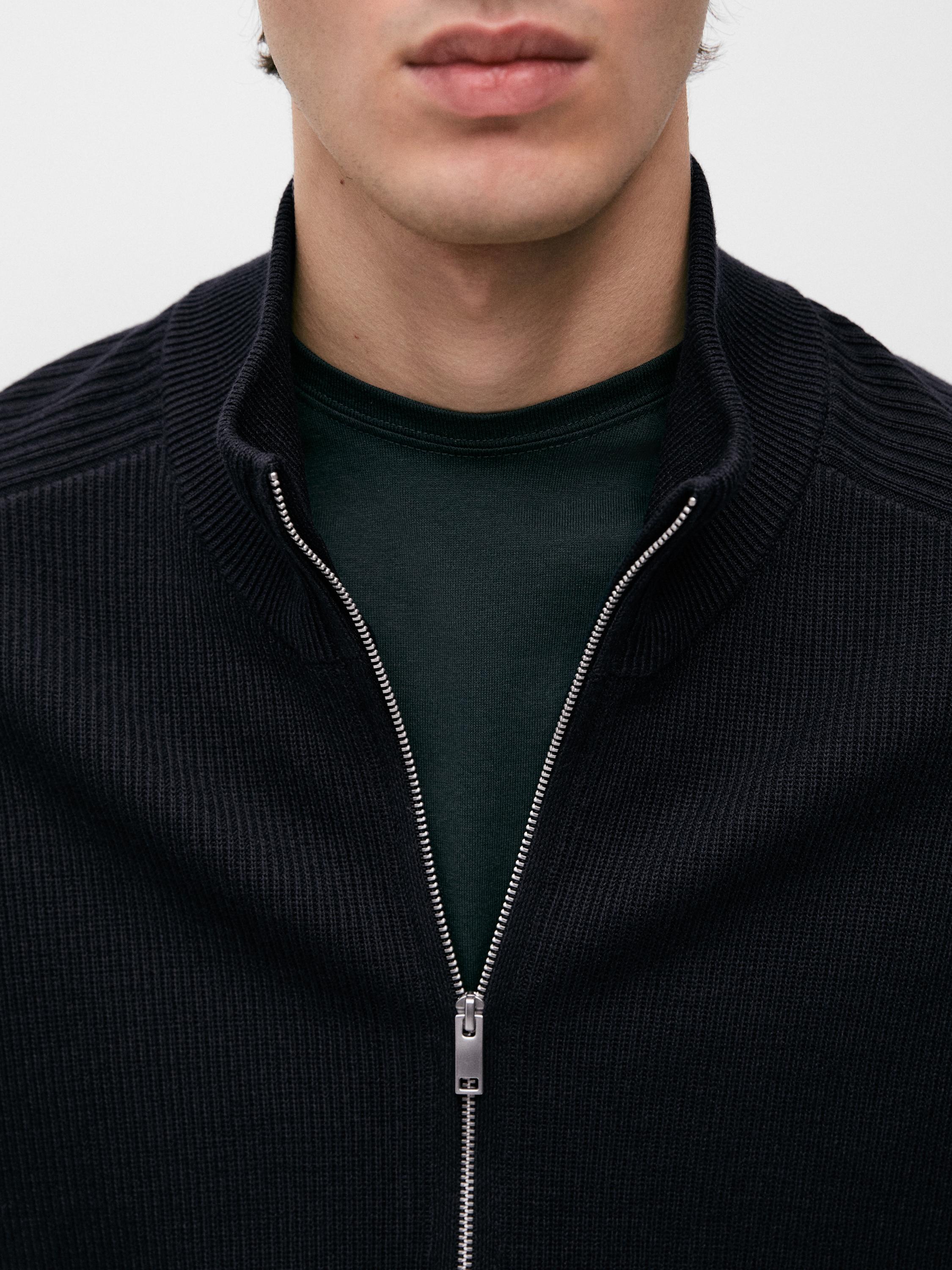 Cotton zip-up knit cardigan — NAVY BLUE