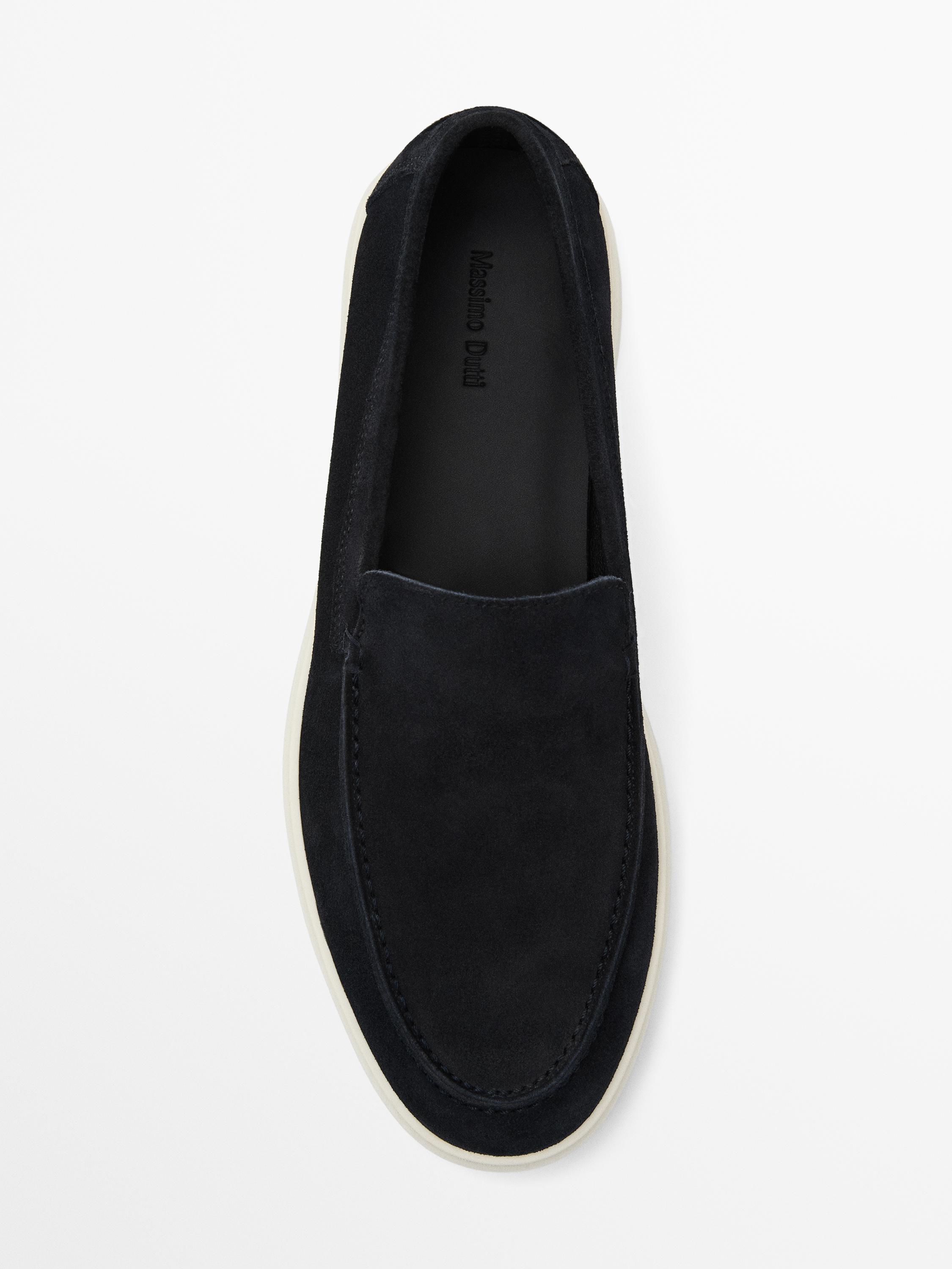 Split leather loafers with moc toe — BLUE