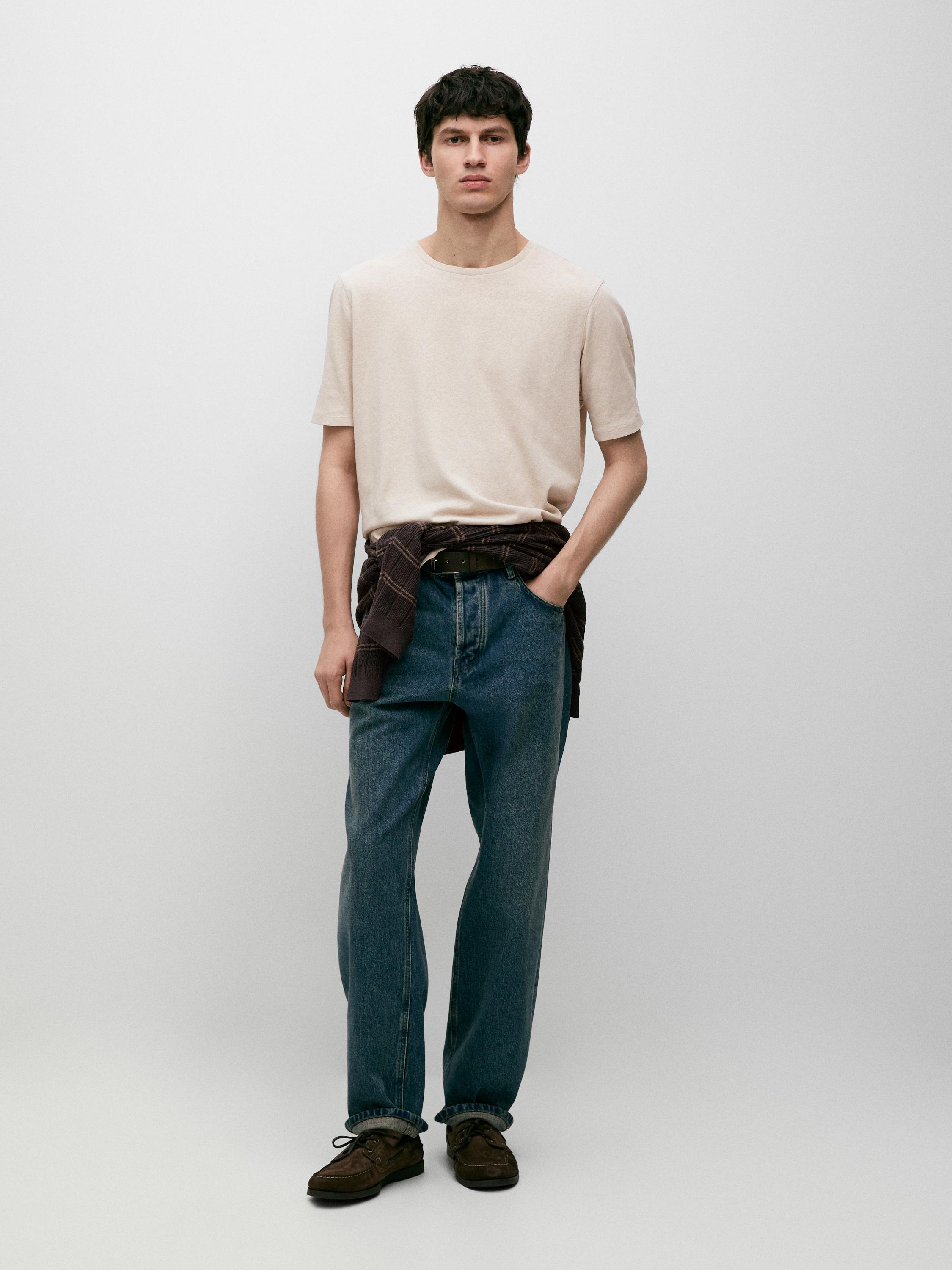 Short sleeve linen and cotton T-shirt — BROWN
