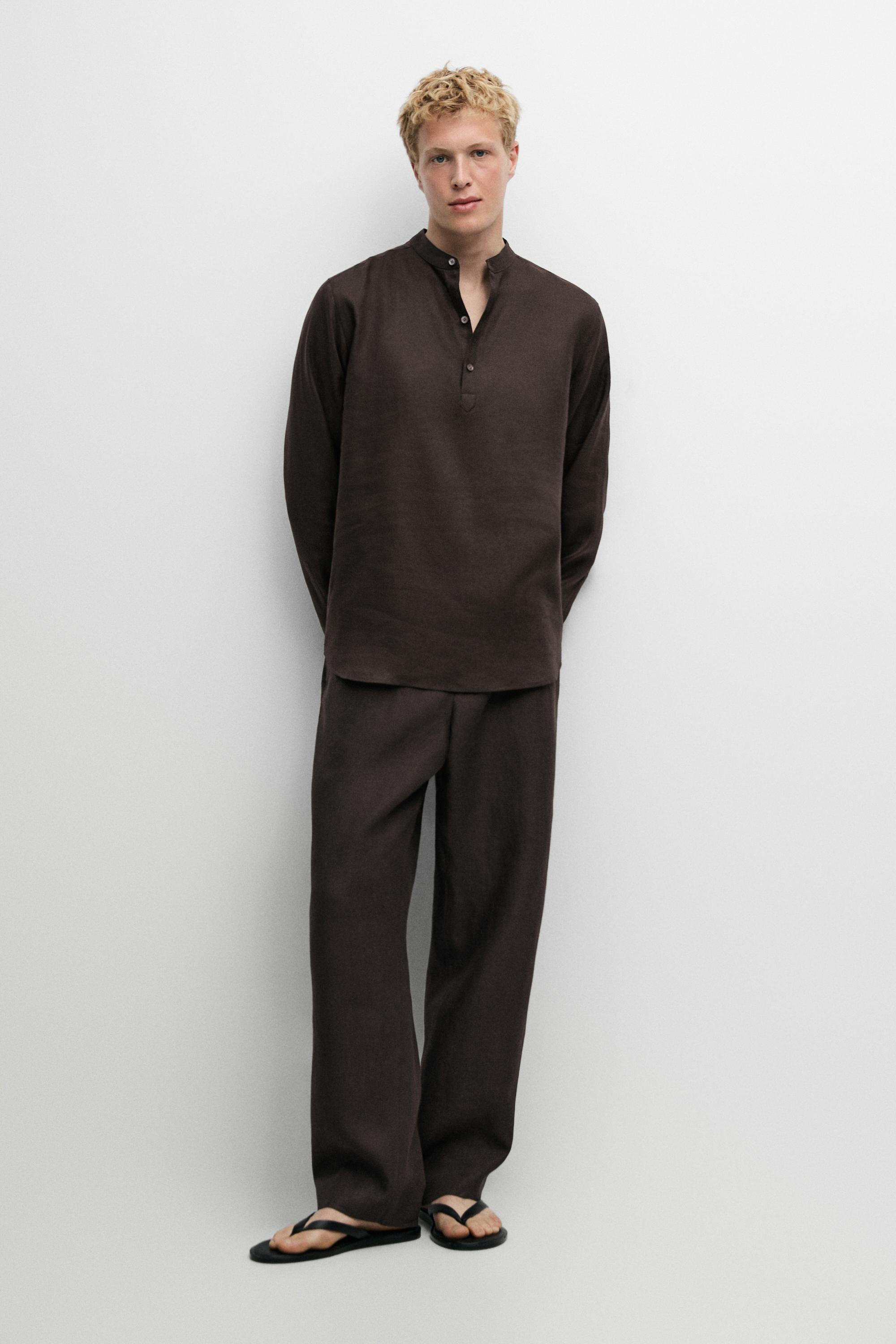 100% linen houndstooth pants — BROWN