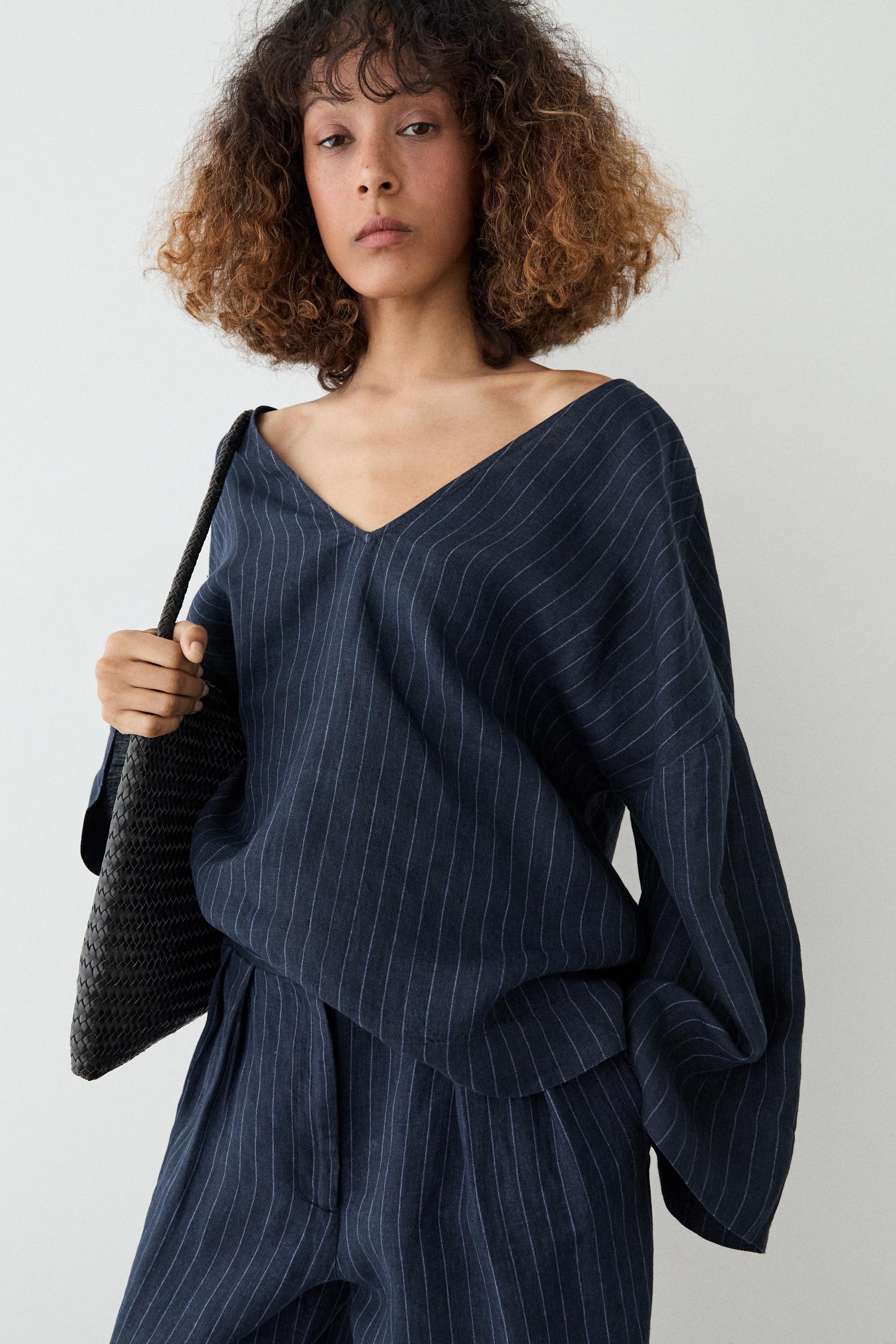 Striped linen blouse with back detail — DARK BLUE