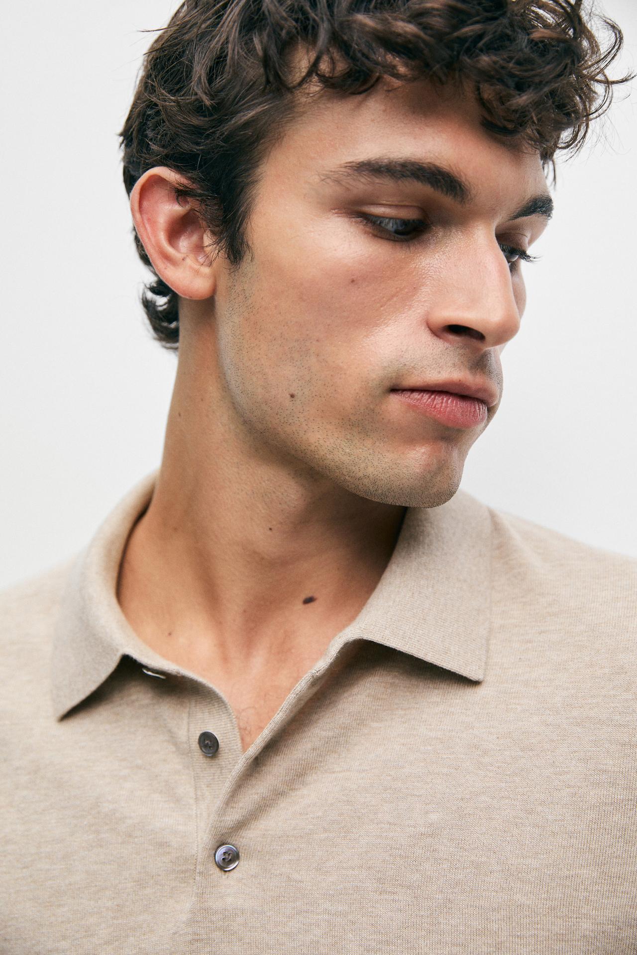 100% cotton knit polo sweater — BEIGE