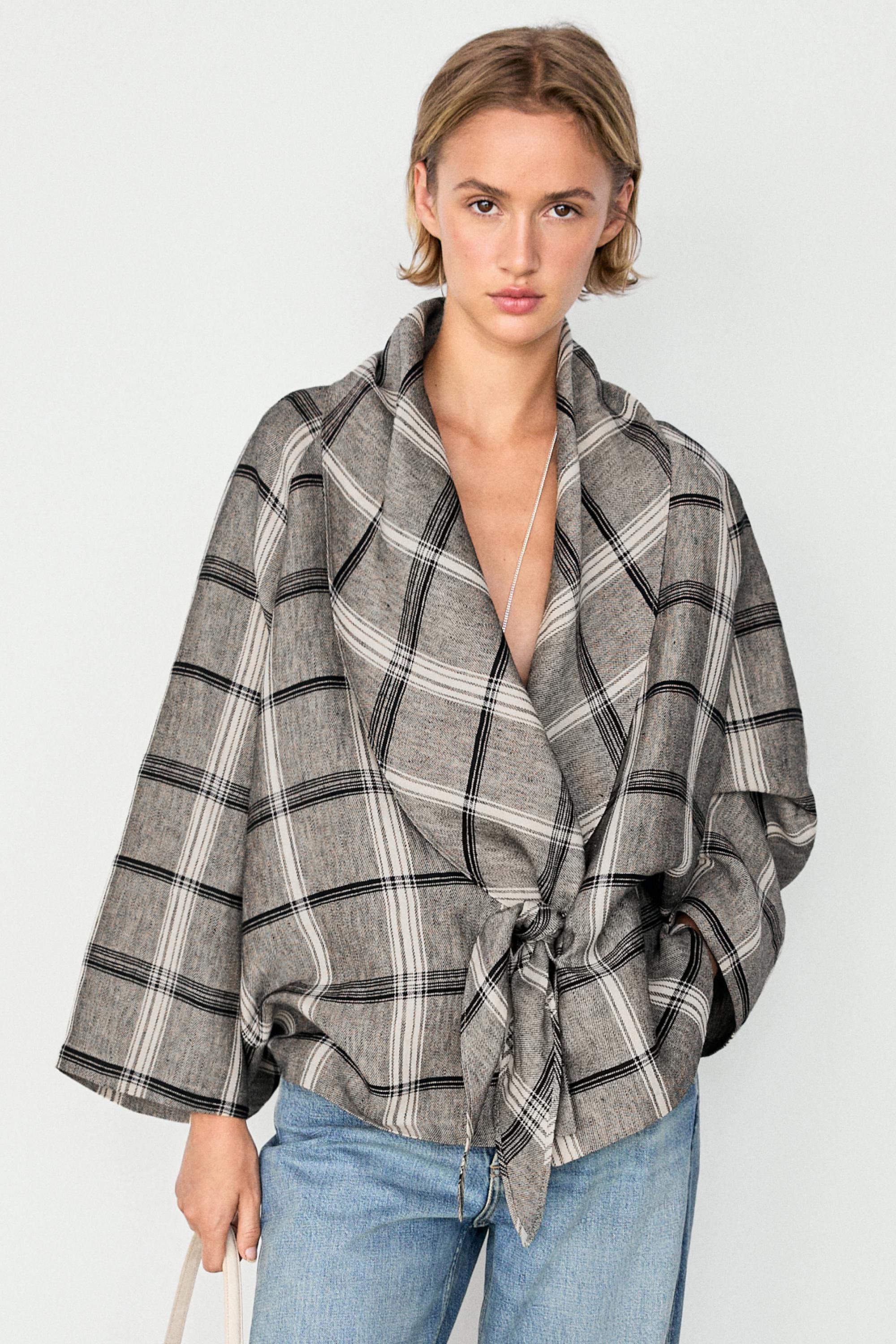 Check tie-detail overshirt — MEDIUM GREY