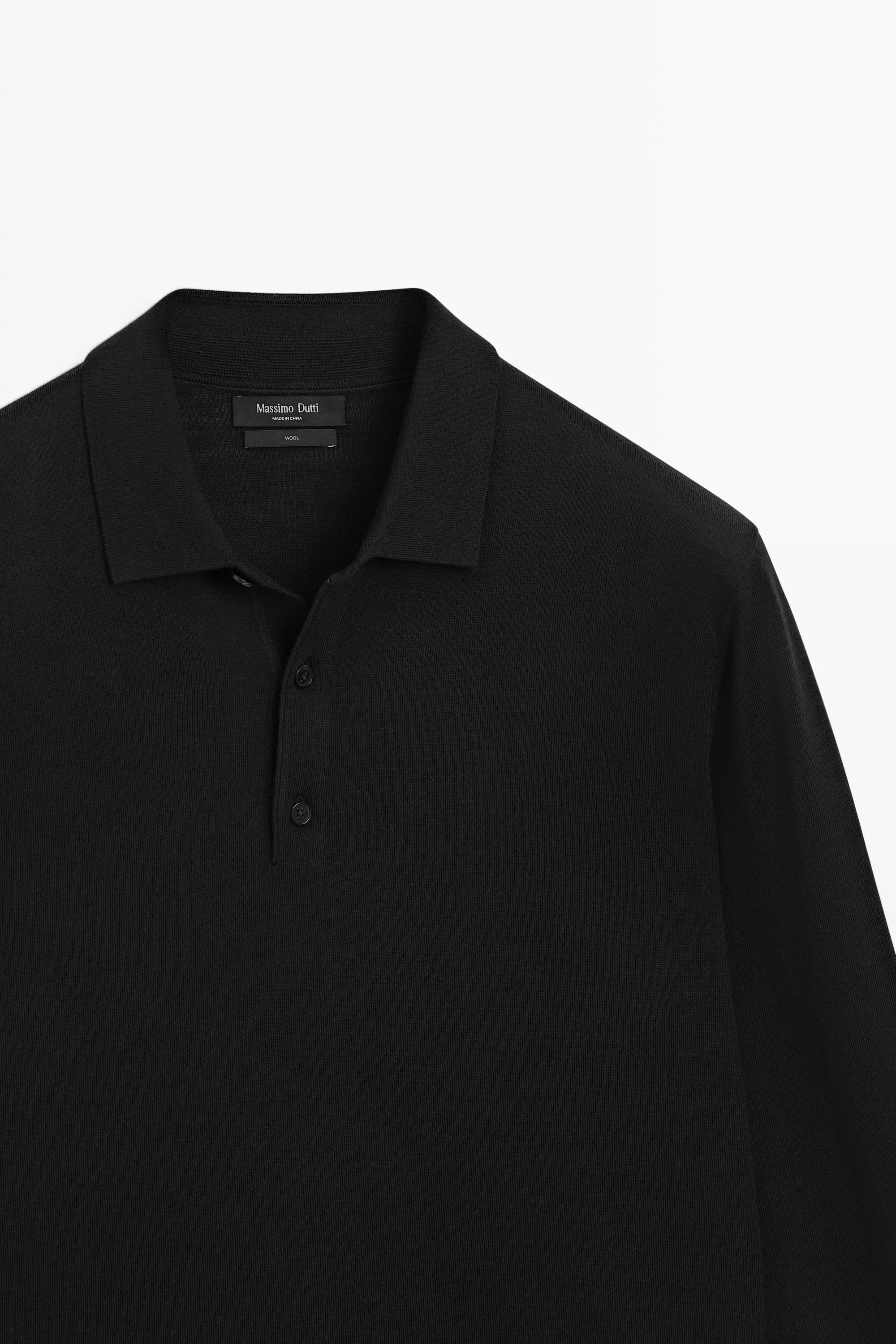 100% merino wool knit polo sweater — BLACK