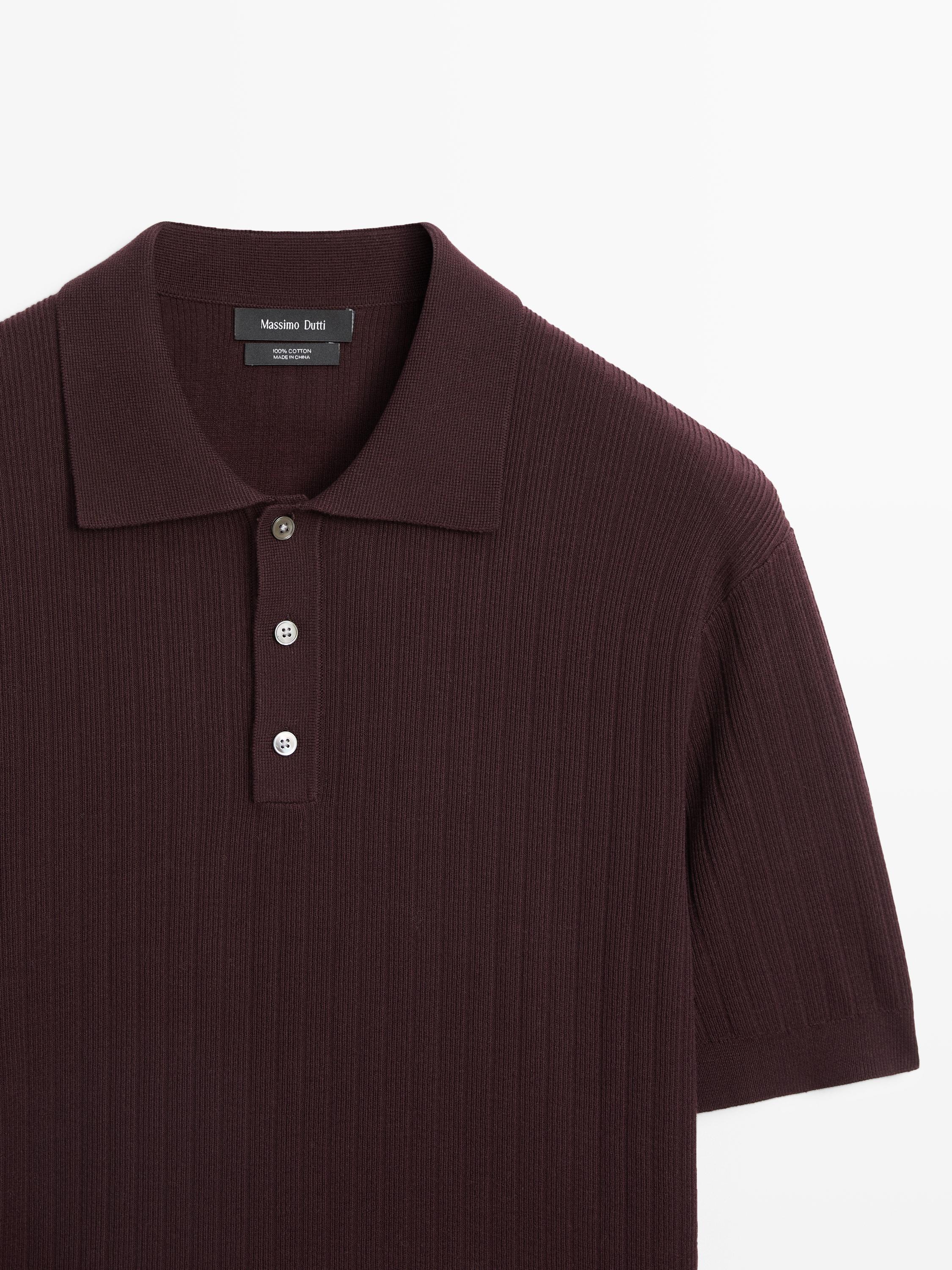 Ribbed knit cotton polo shirt — BURGUNDY