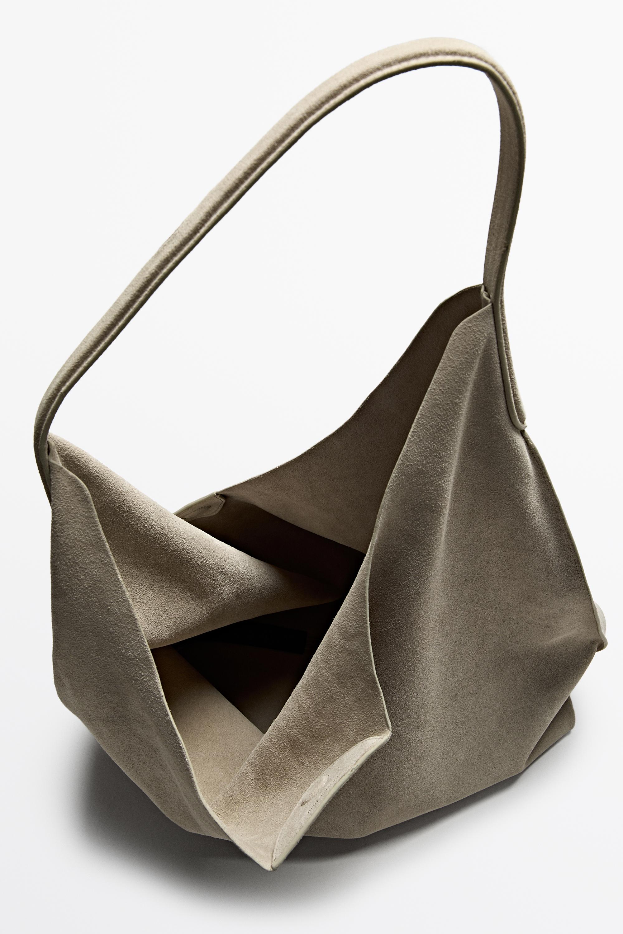 Maxi split suede leather shoulder bag — Ecru
