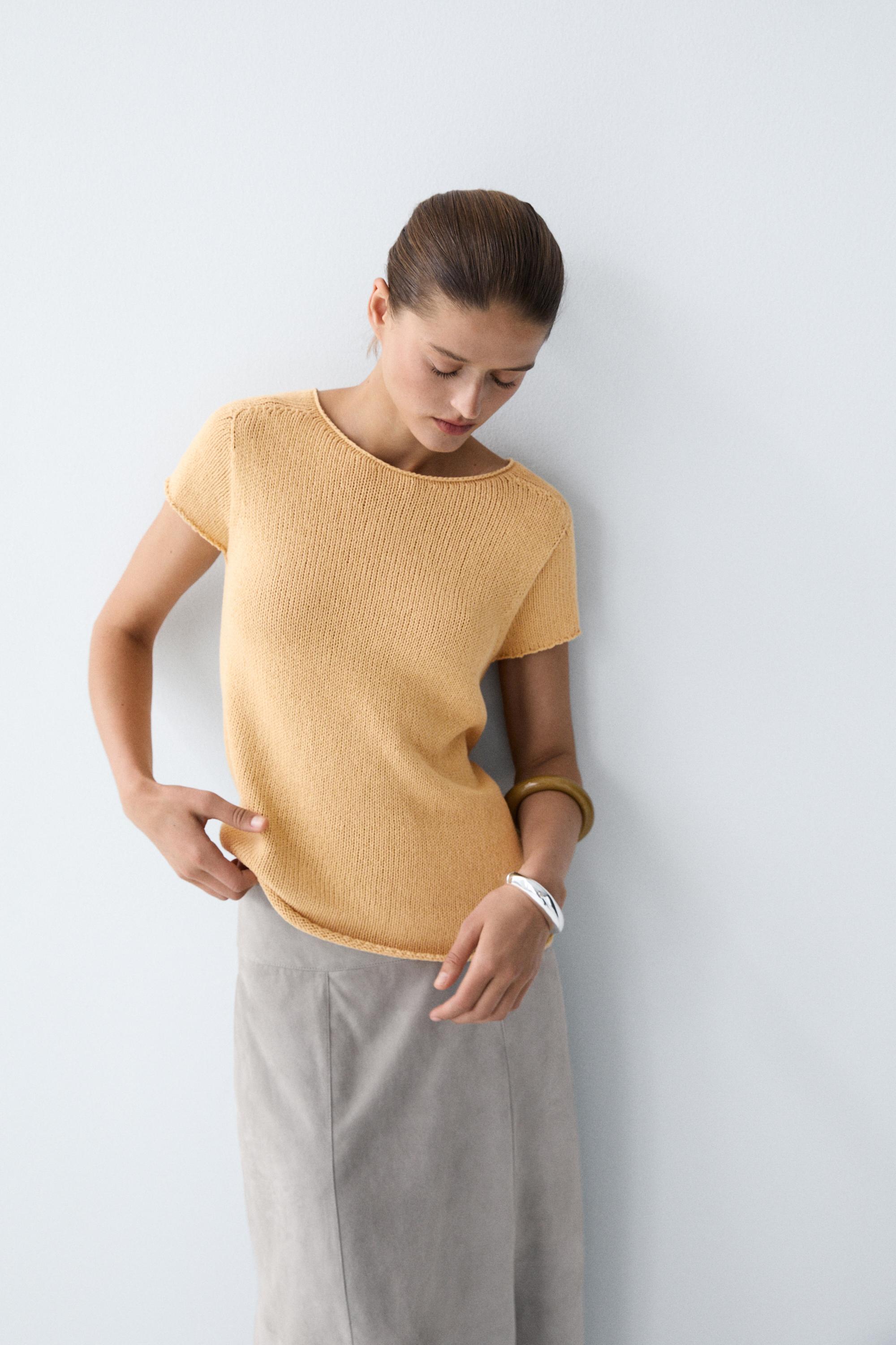 Cotton blend short sleeve knit sweater — CORN YELLOW