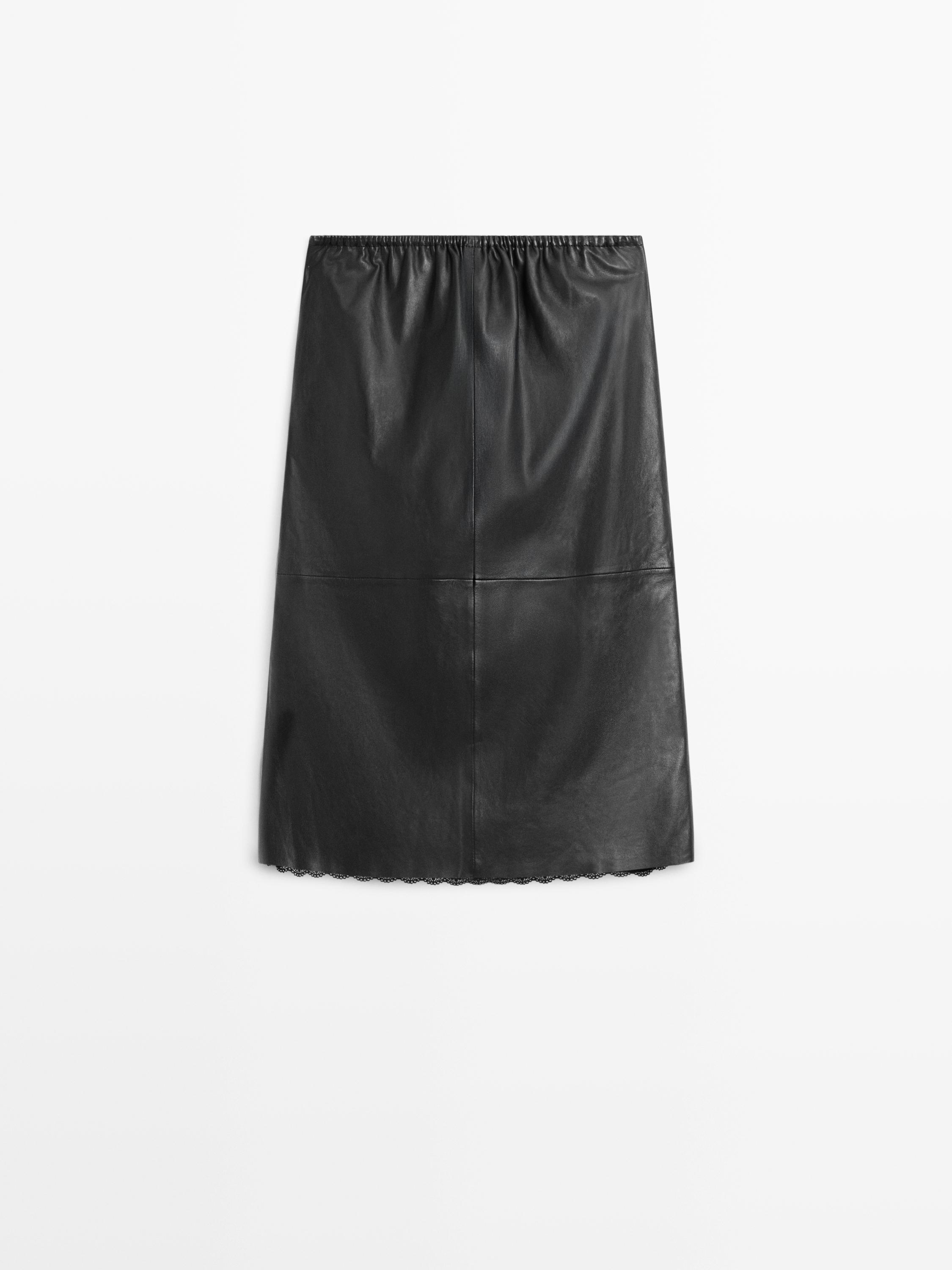 Nappa leather midi skirt with lace detail — BLACK
