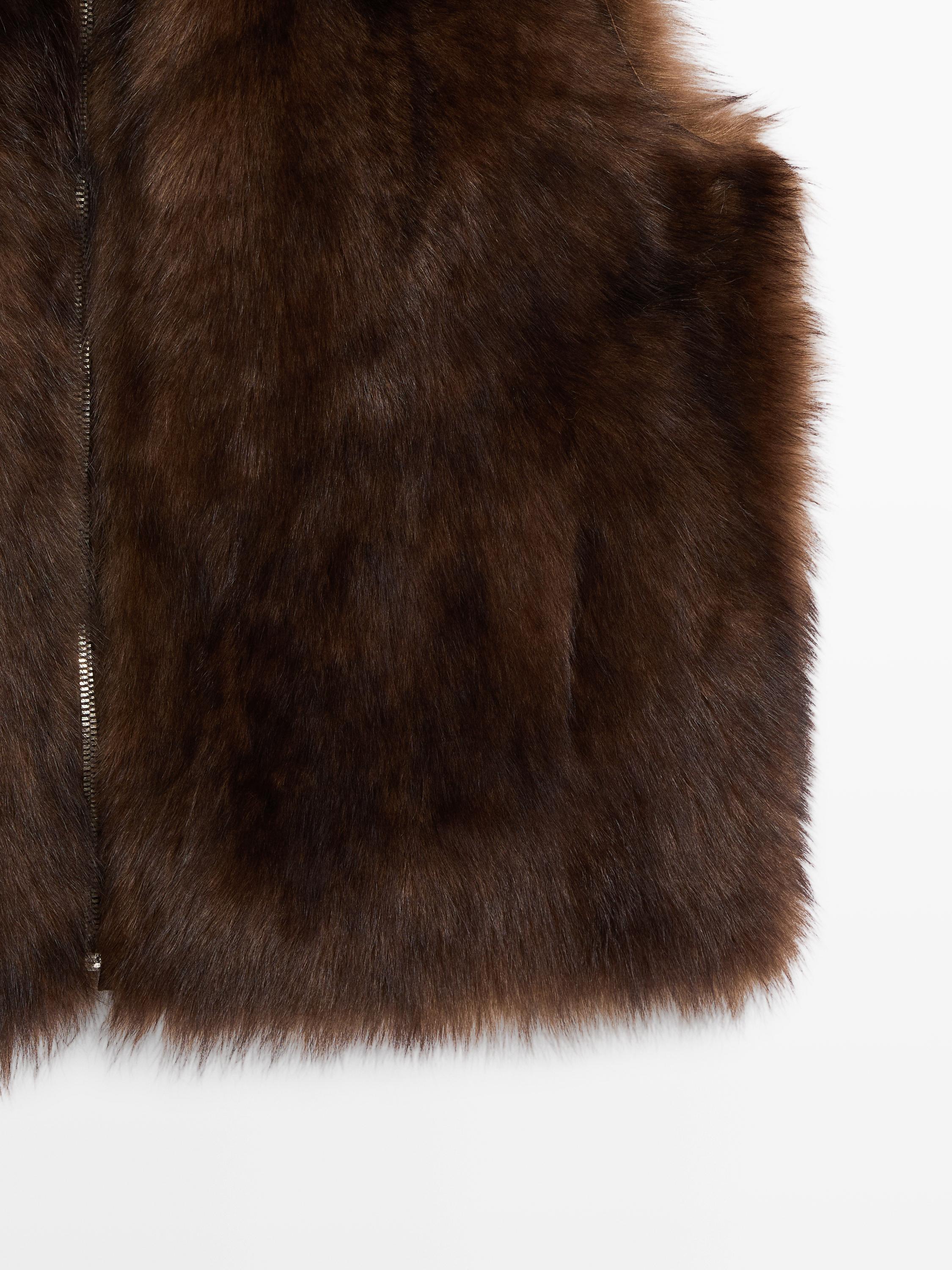 Leather high-neck waistcoat with fur — BROWN