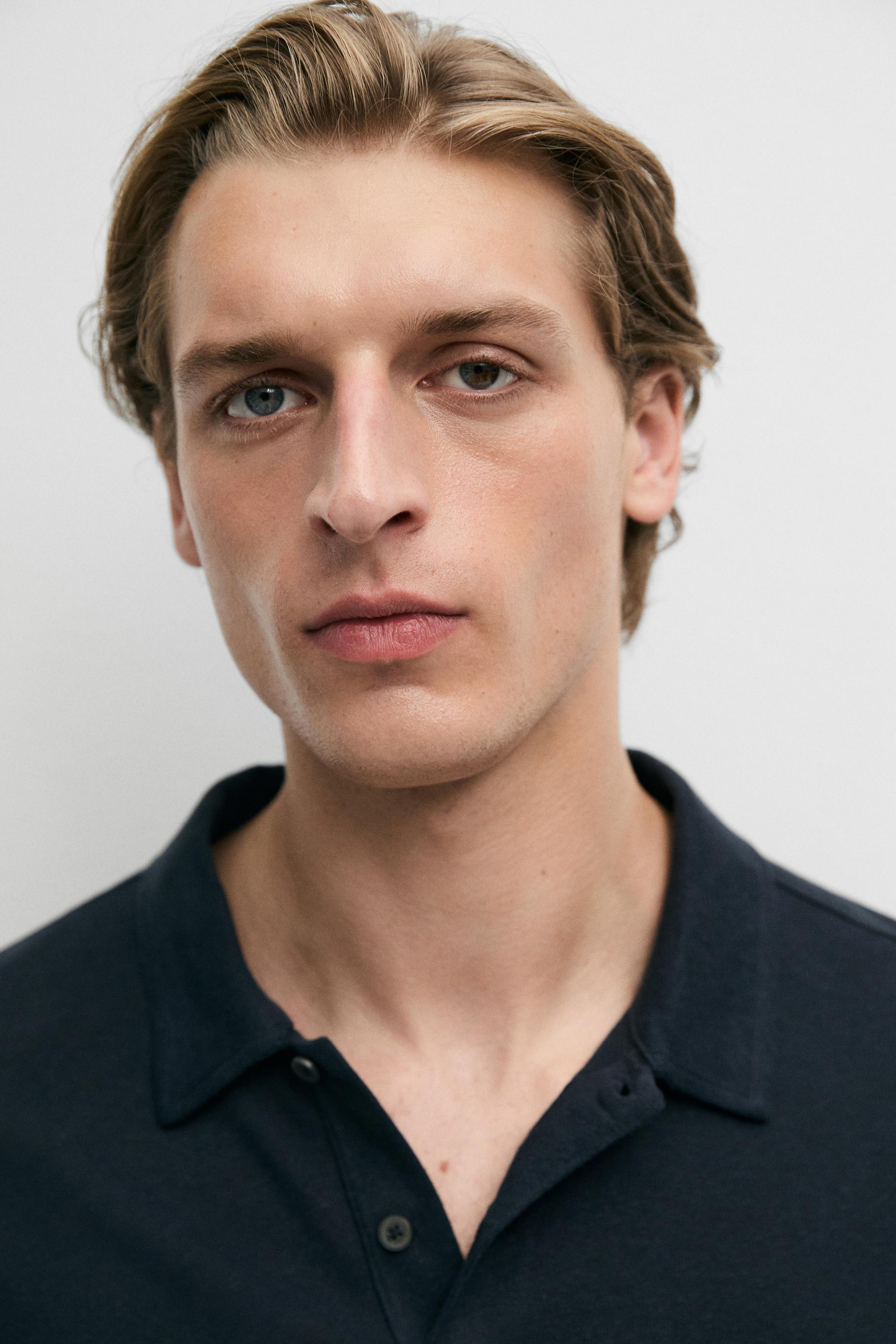 Linen and cotton short sleeve polo shirt — NAVY BLUE