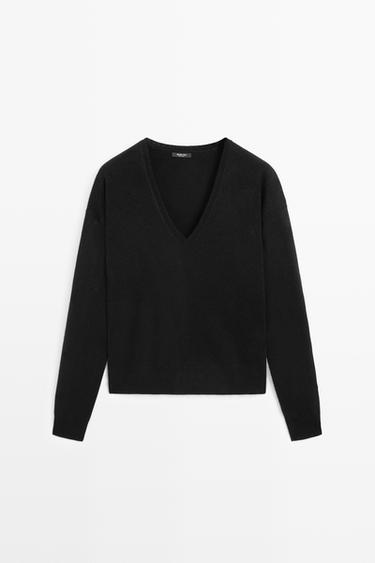 Wool blend knit V-neck sweater — BLACK 2