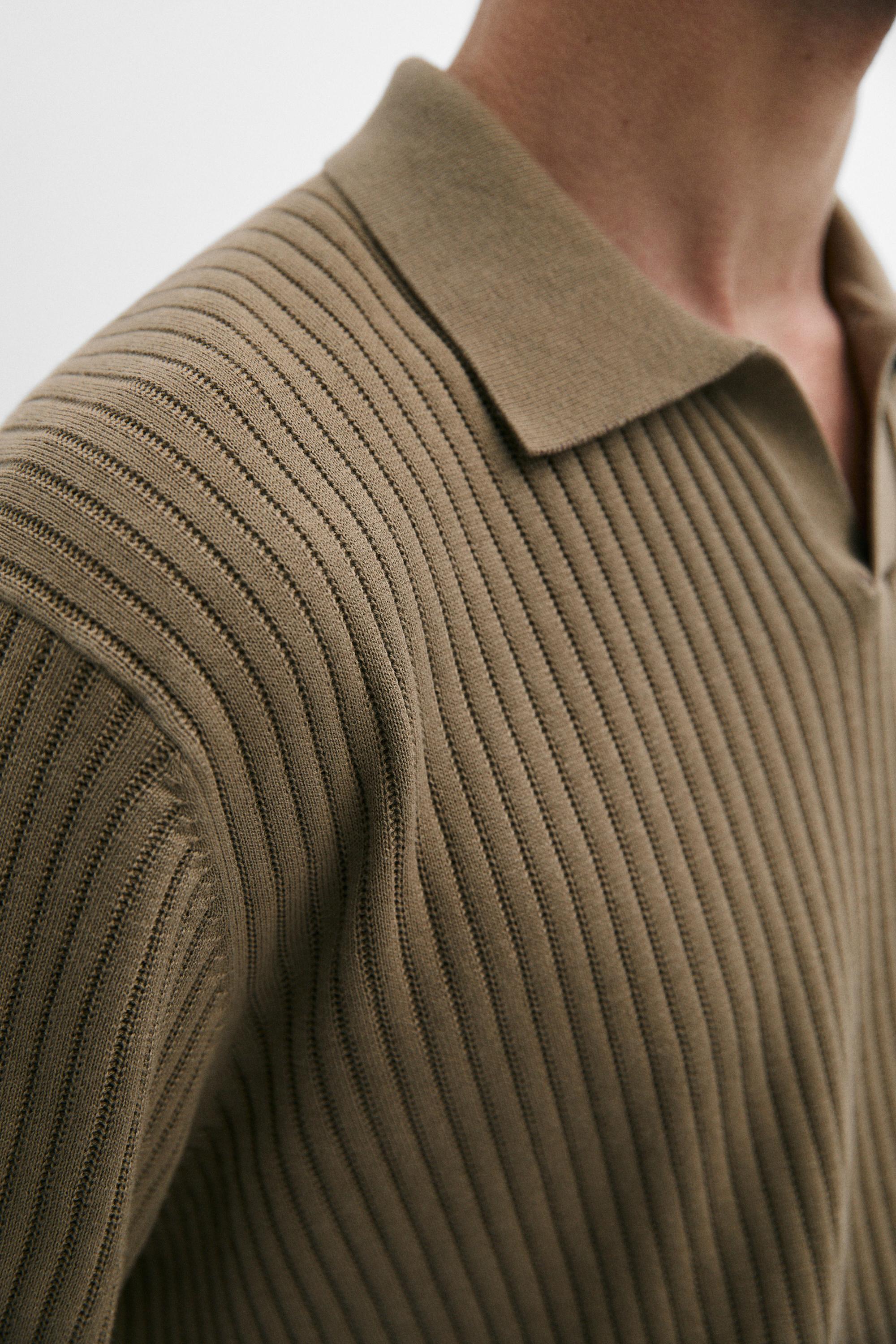 100% cotton ribbed knit polo sweater — DARK KHAKI