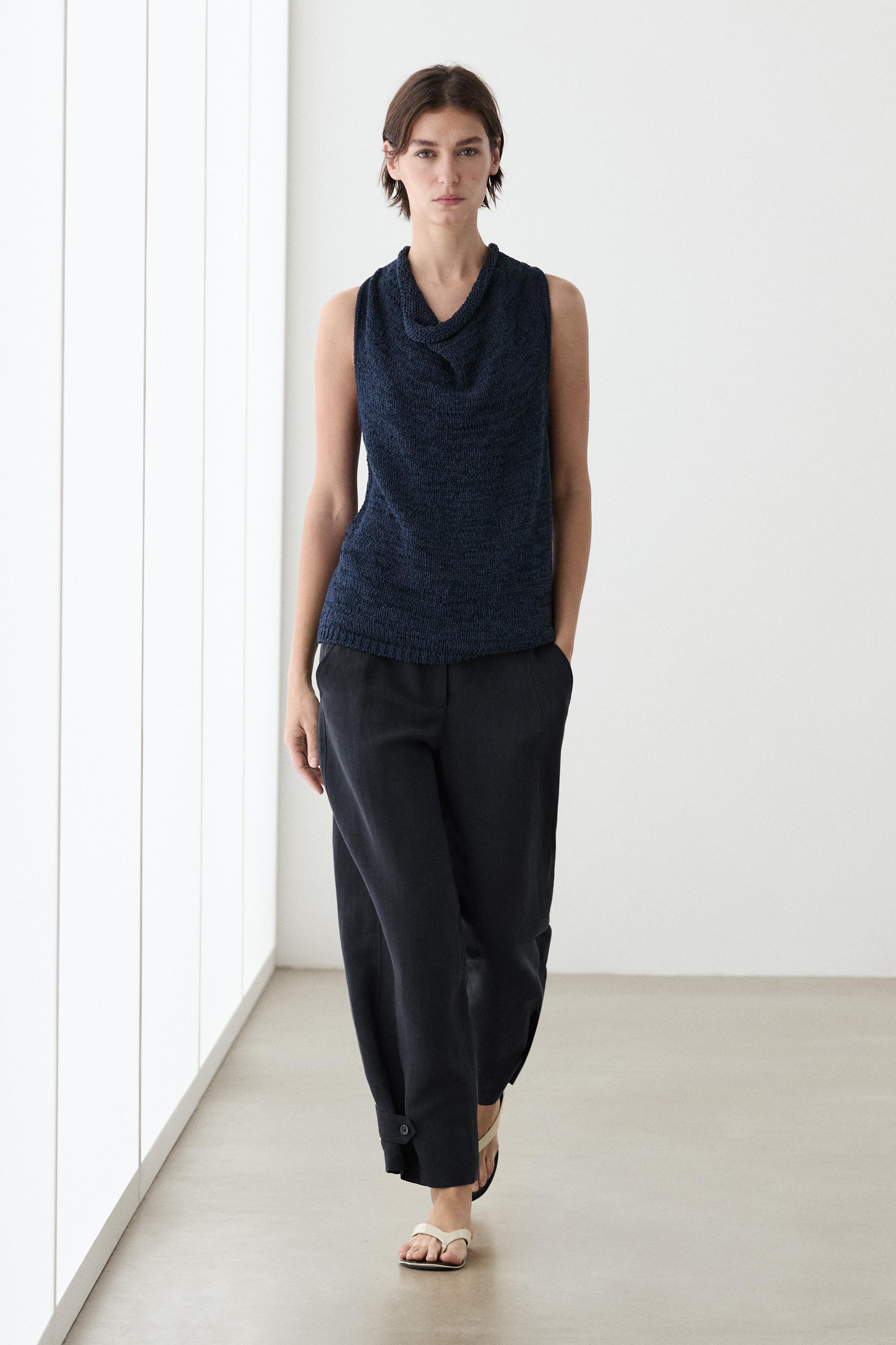 Flowing linen blend pants with buttoned tab detail — NAVY BLUE