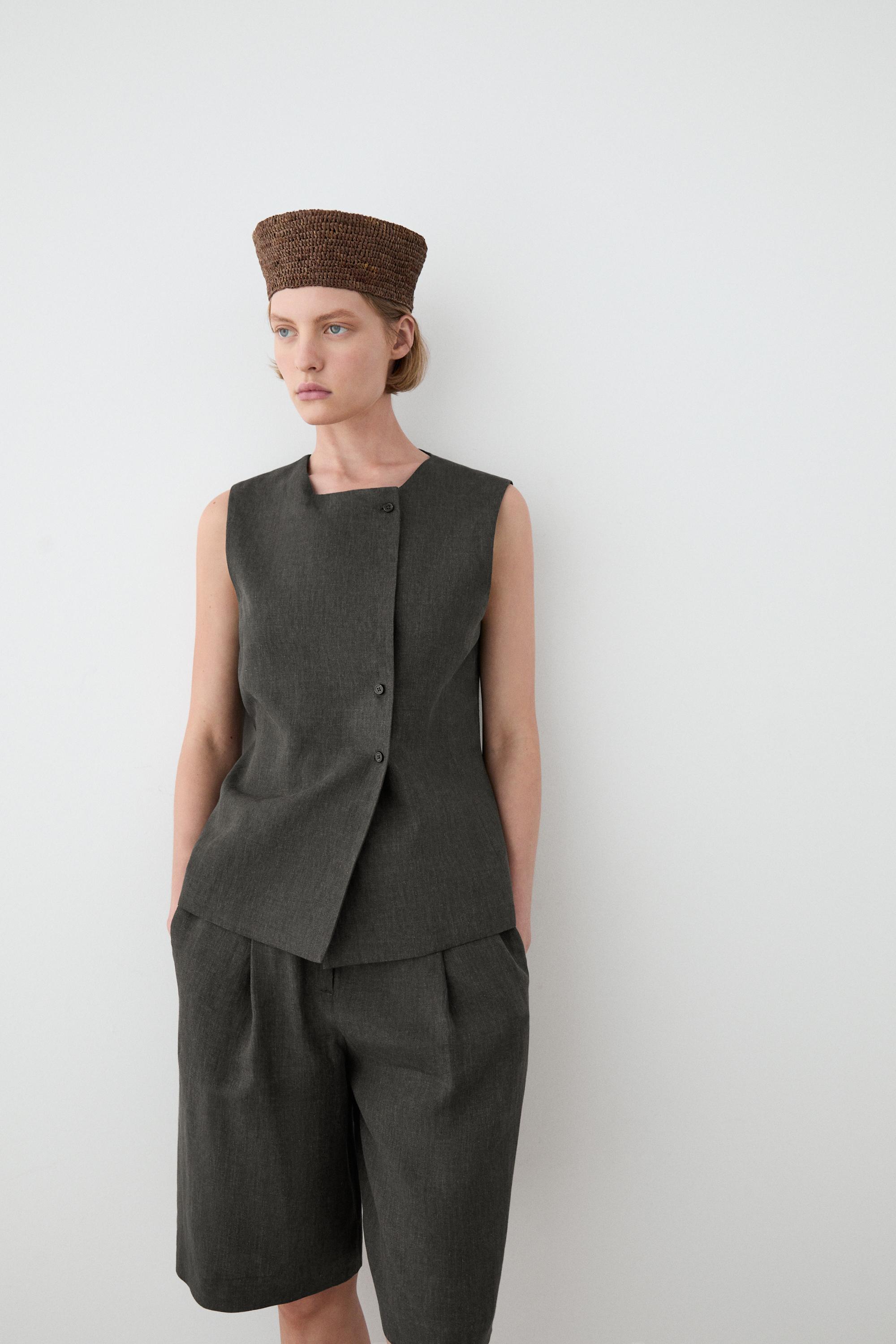 Melange linen double-breasted waistcoat with buttons — BLUISH GREEN