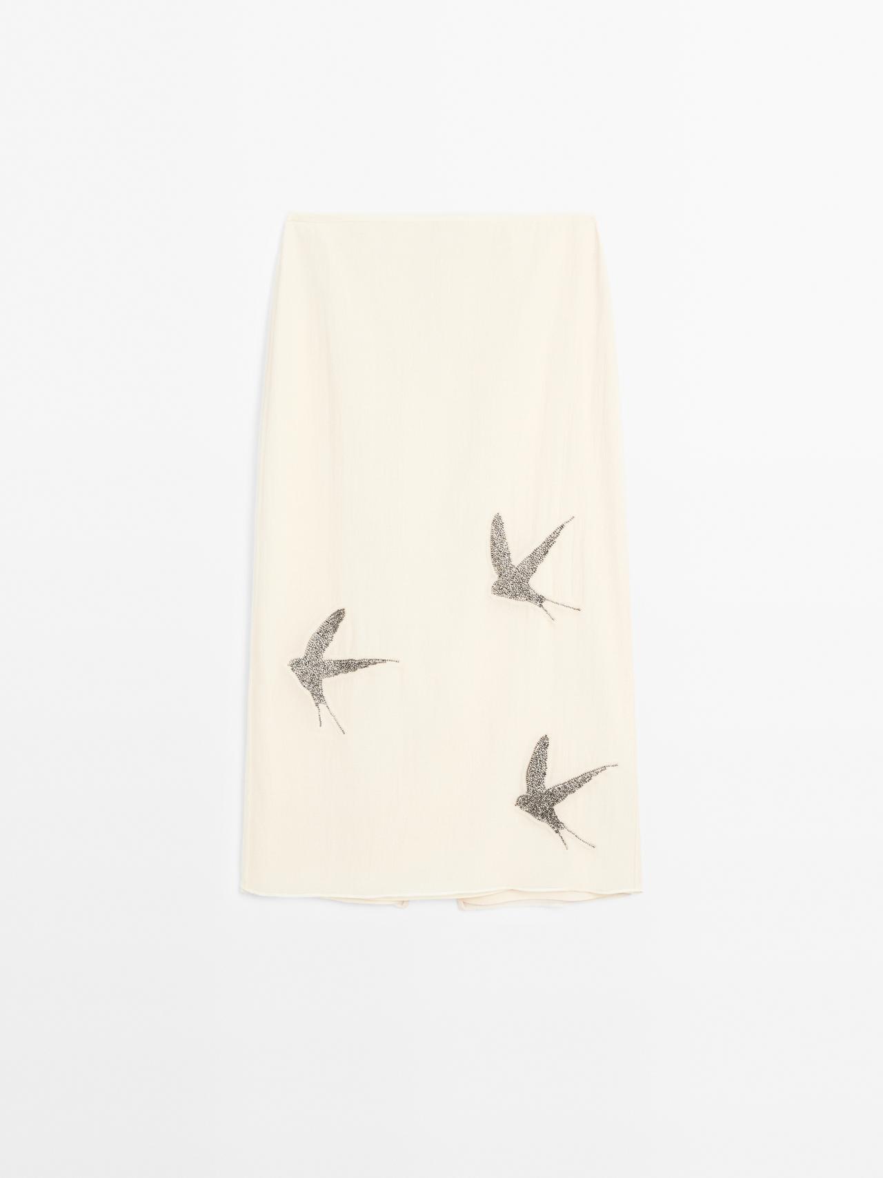 Massimo Dutti - Dame - Midinederdel Med Blødt Fald Og Broderi - Råhvid - Xs