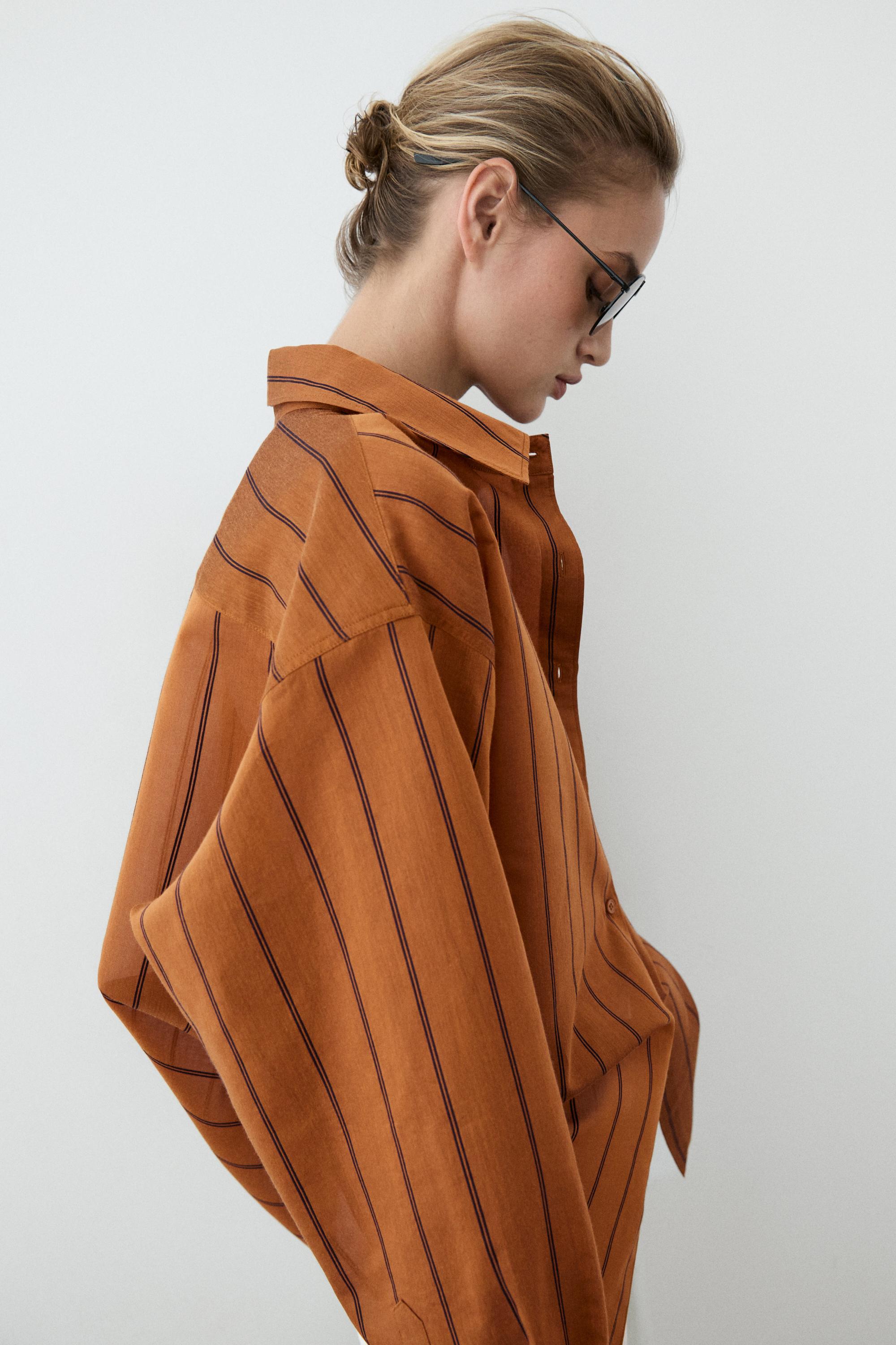 Striped fluid cotton and silk blend shirt — ORANGE