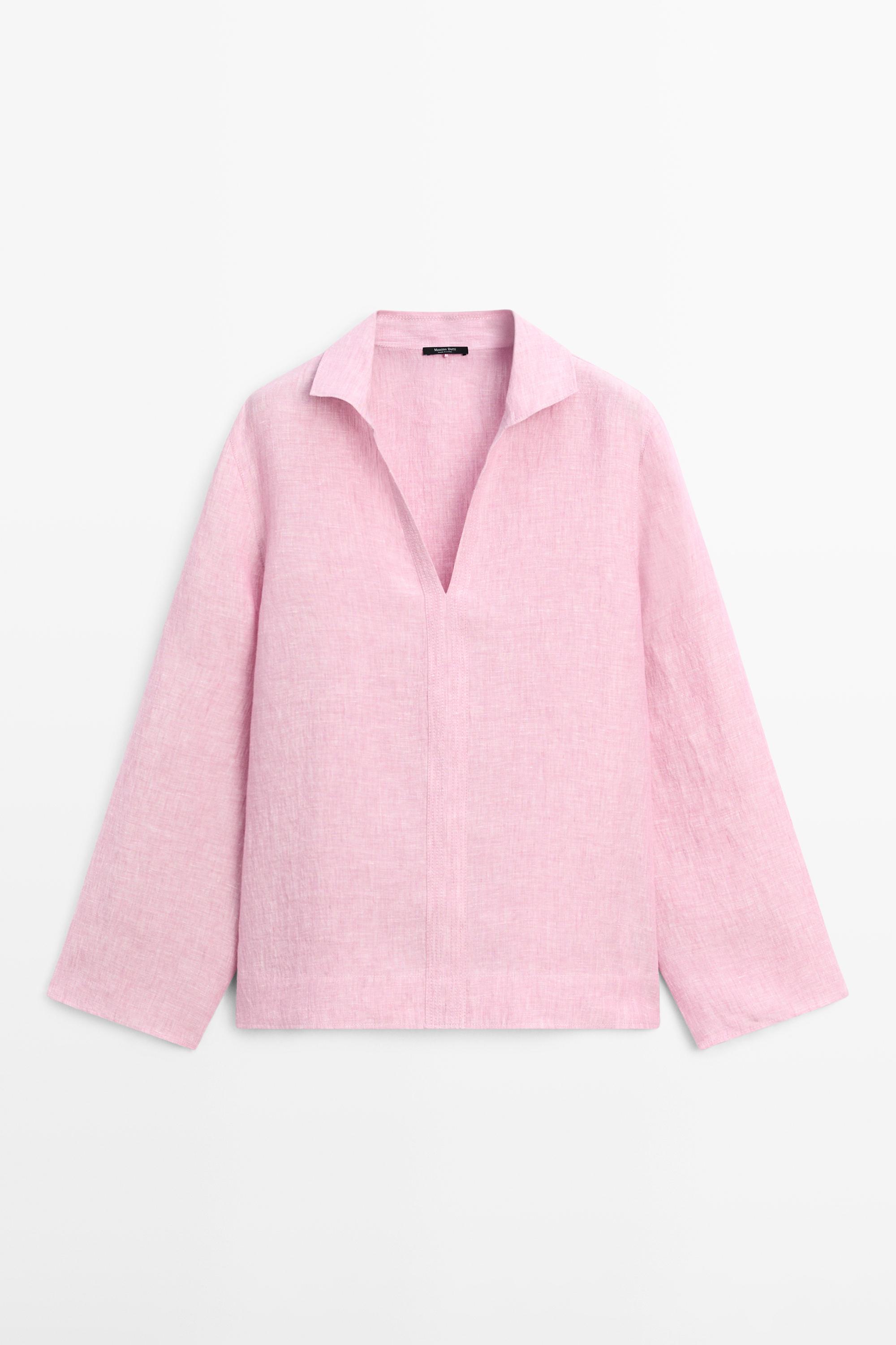 Blusa con scollo a V e risvolto 100% lino