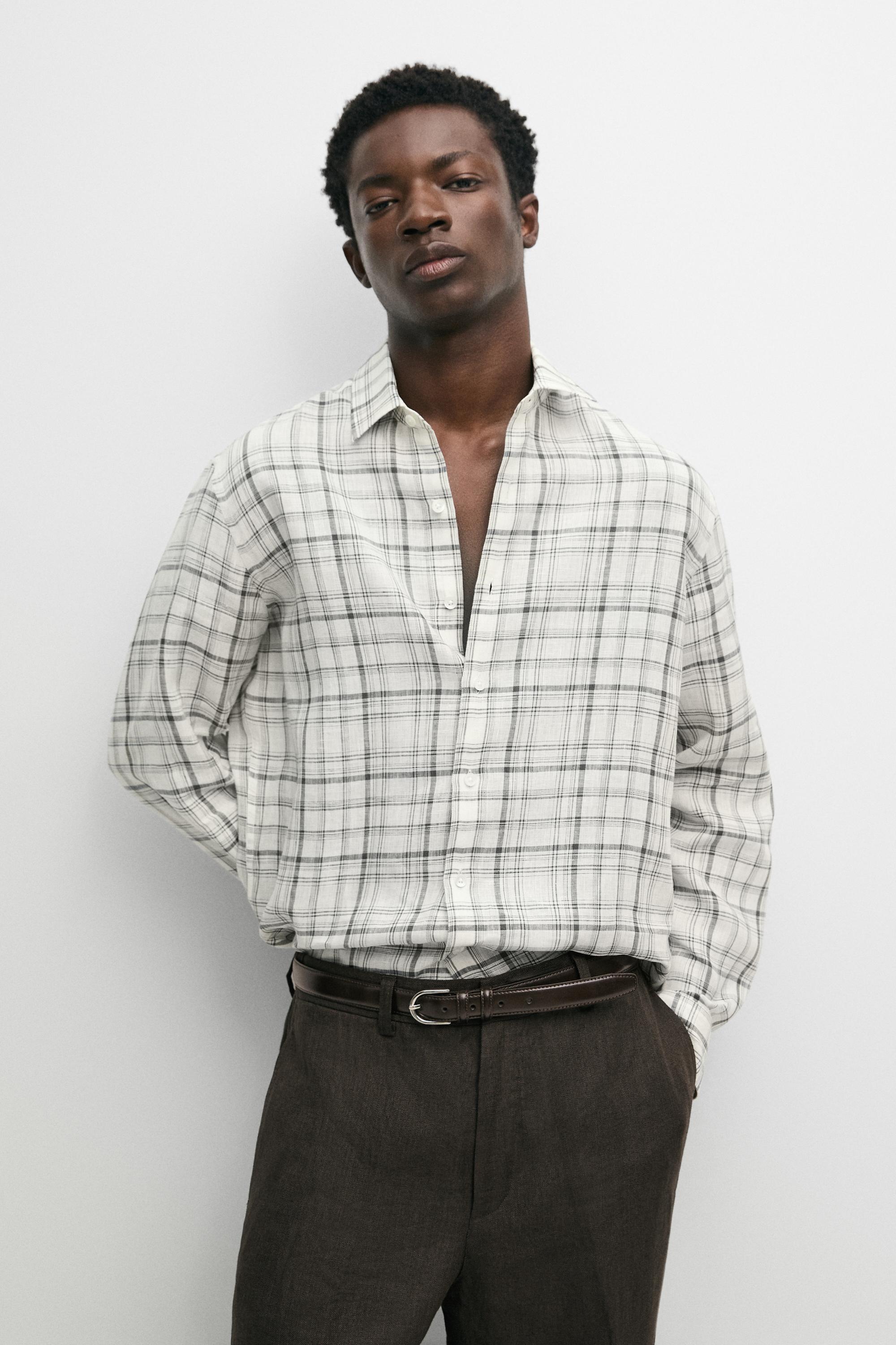 100% linen check shirt — CREAM