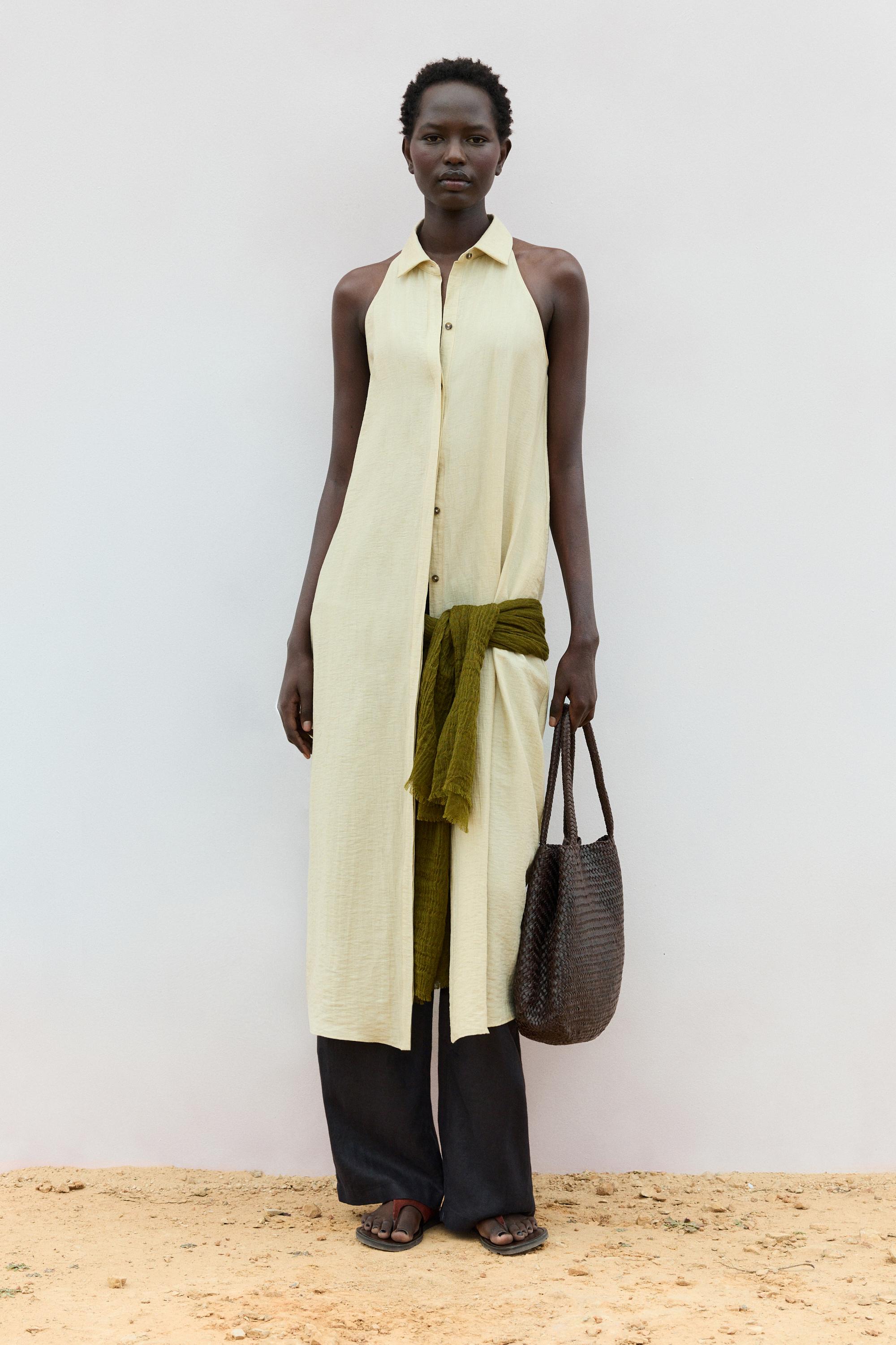Linen blend polo collar midi dress — CREAM