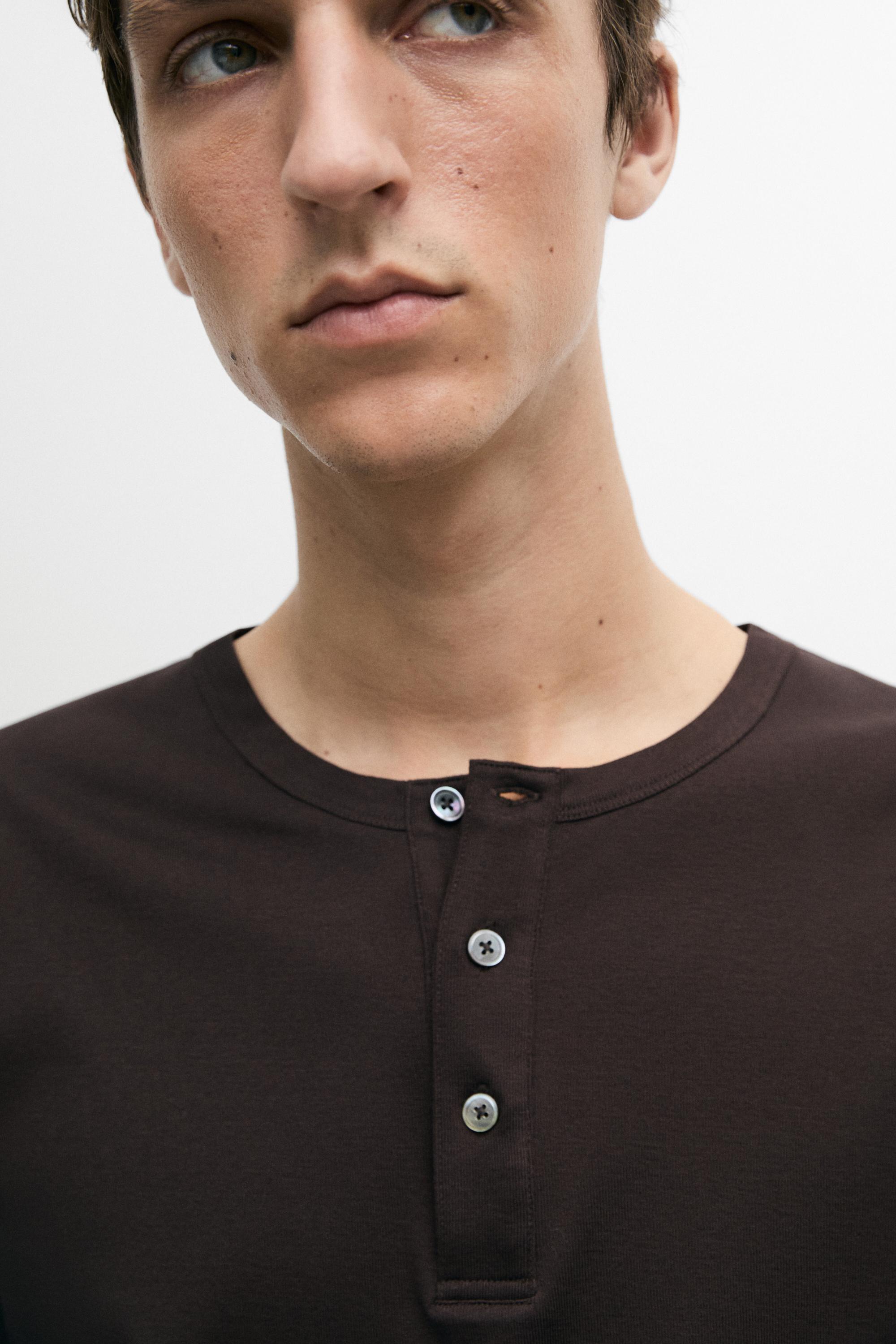 100% cotton long sleeve henley T-shirt — Chocolate