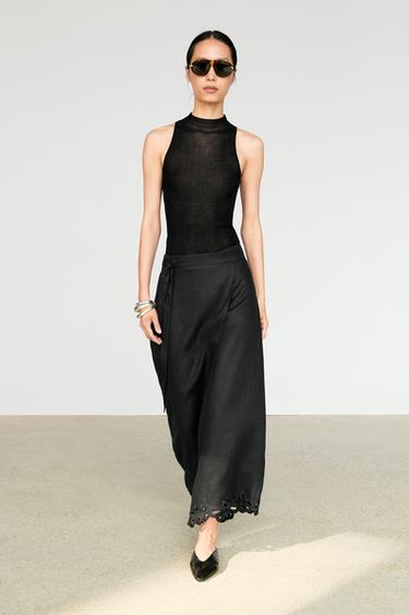 100% linen embroidered skort — BLACK 1