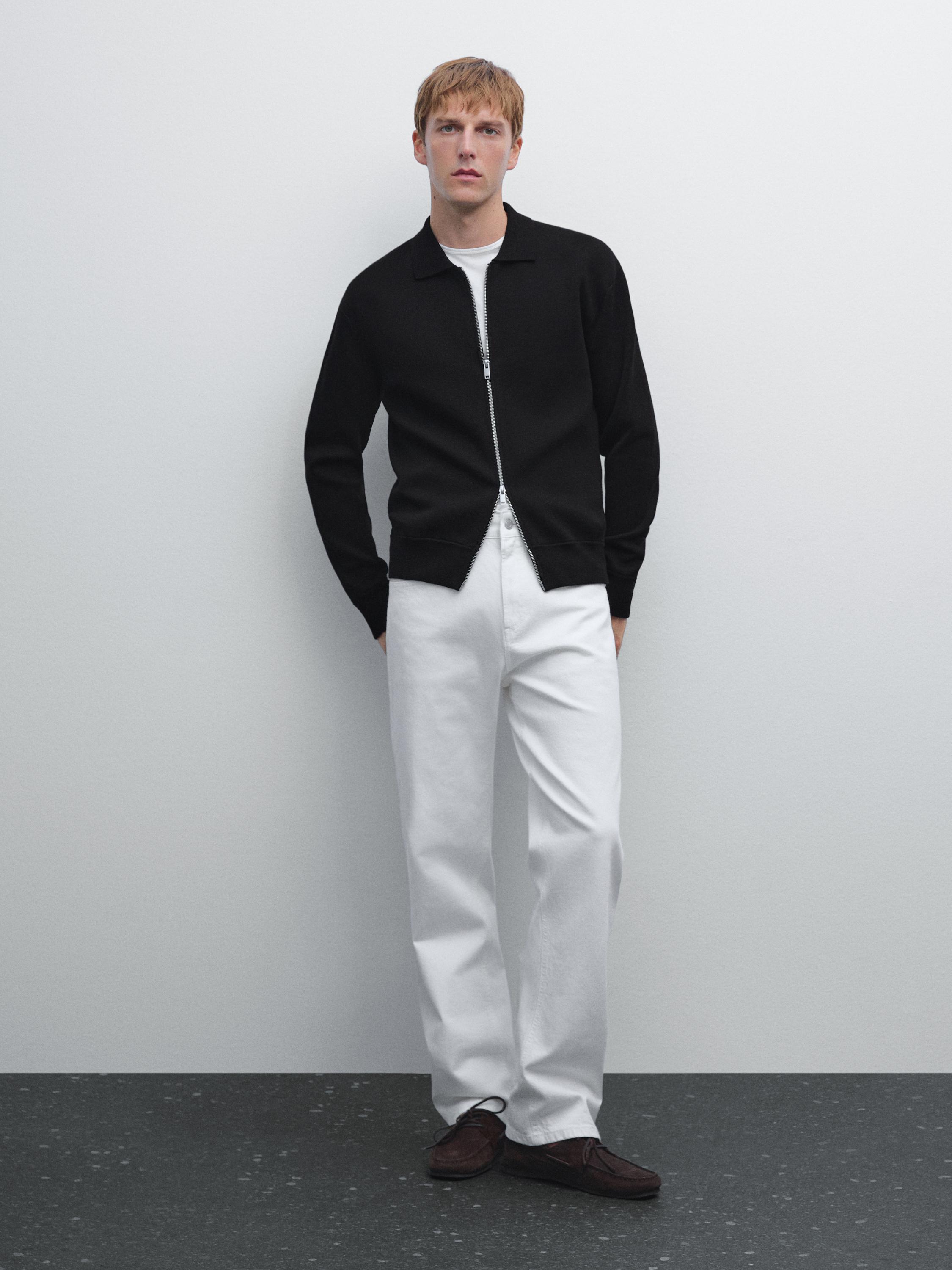 Cotton blend zip-up knit cardigan