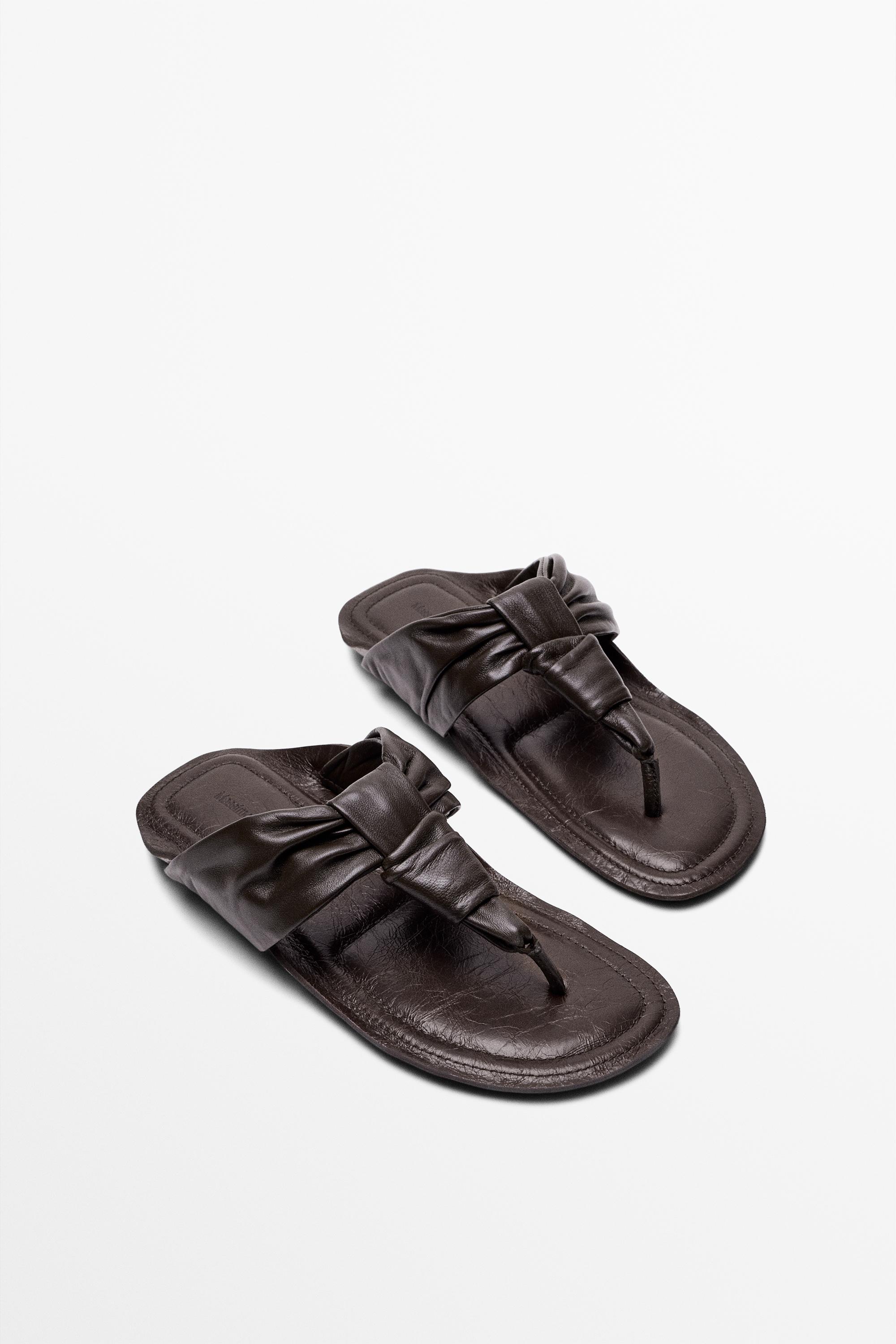 Gathered leather sandals with knot — BROWN