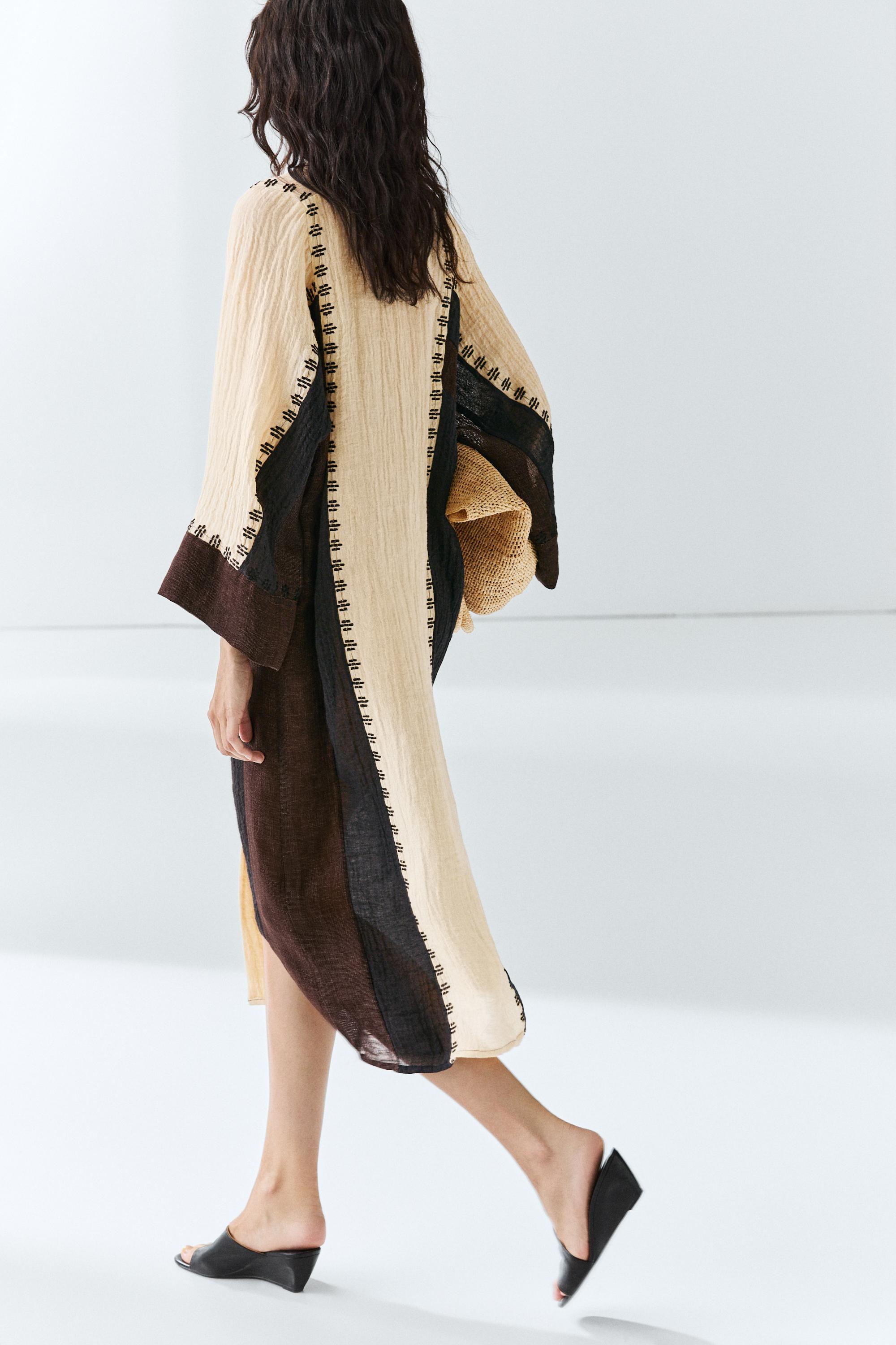 Linen blend embroidered kaftan dress — BROWN