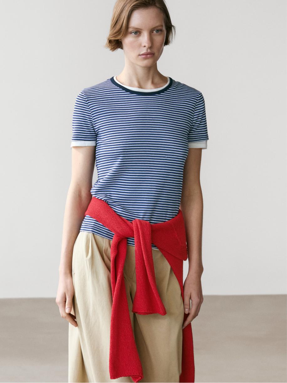 Striped double-layer T-shirt with short sleeves — BLUE