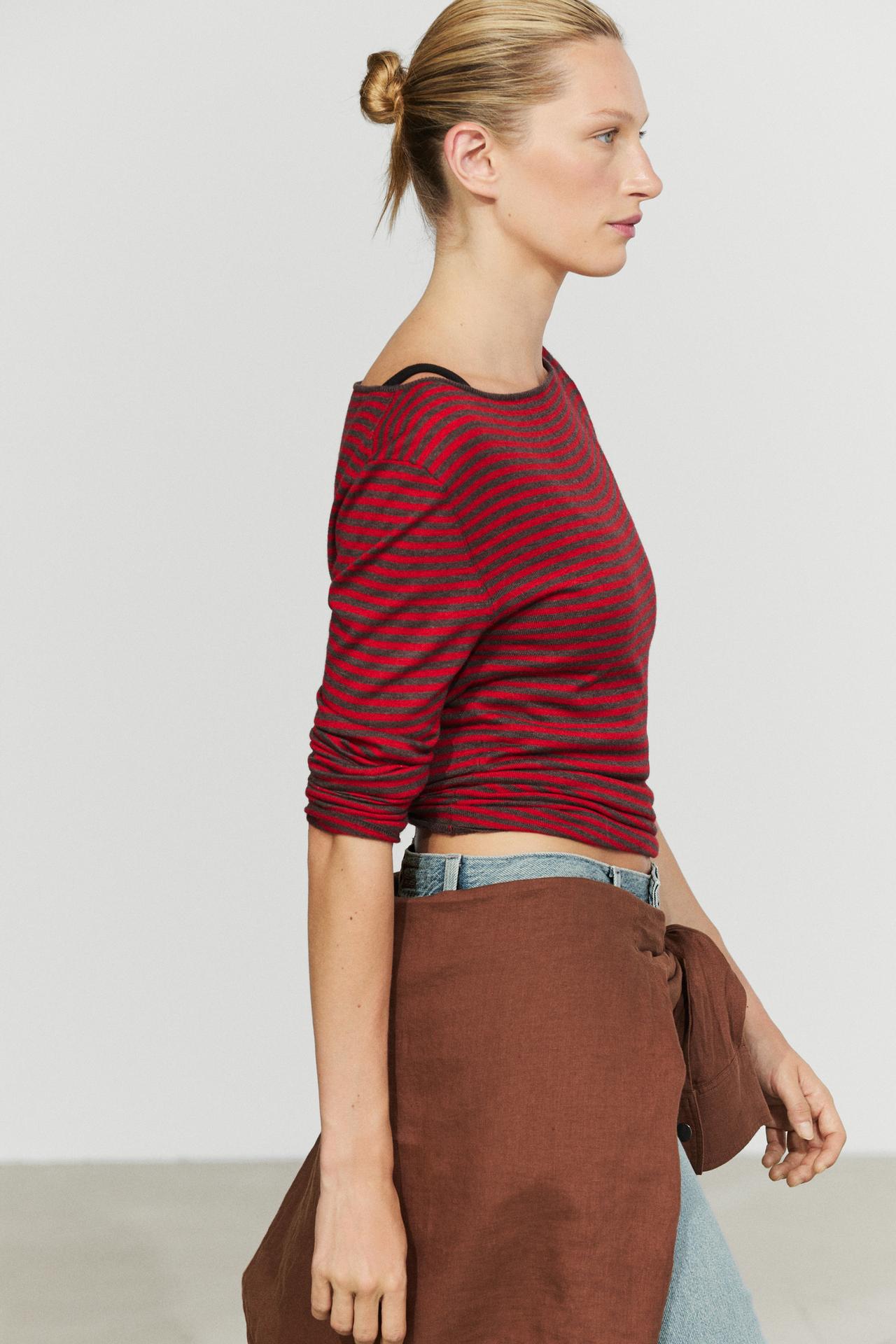 Striped wool-blend knit sweater — RED