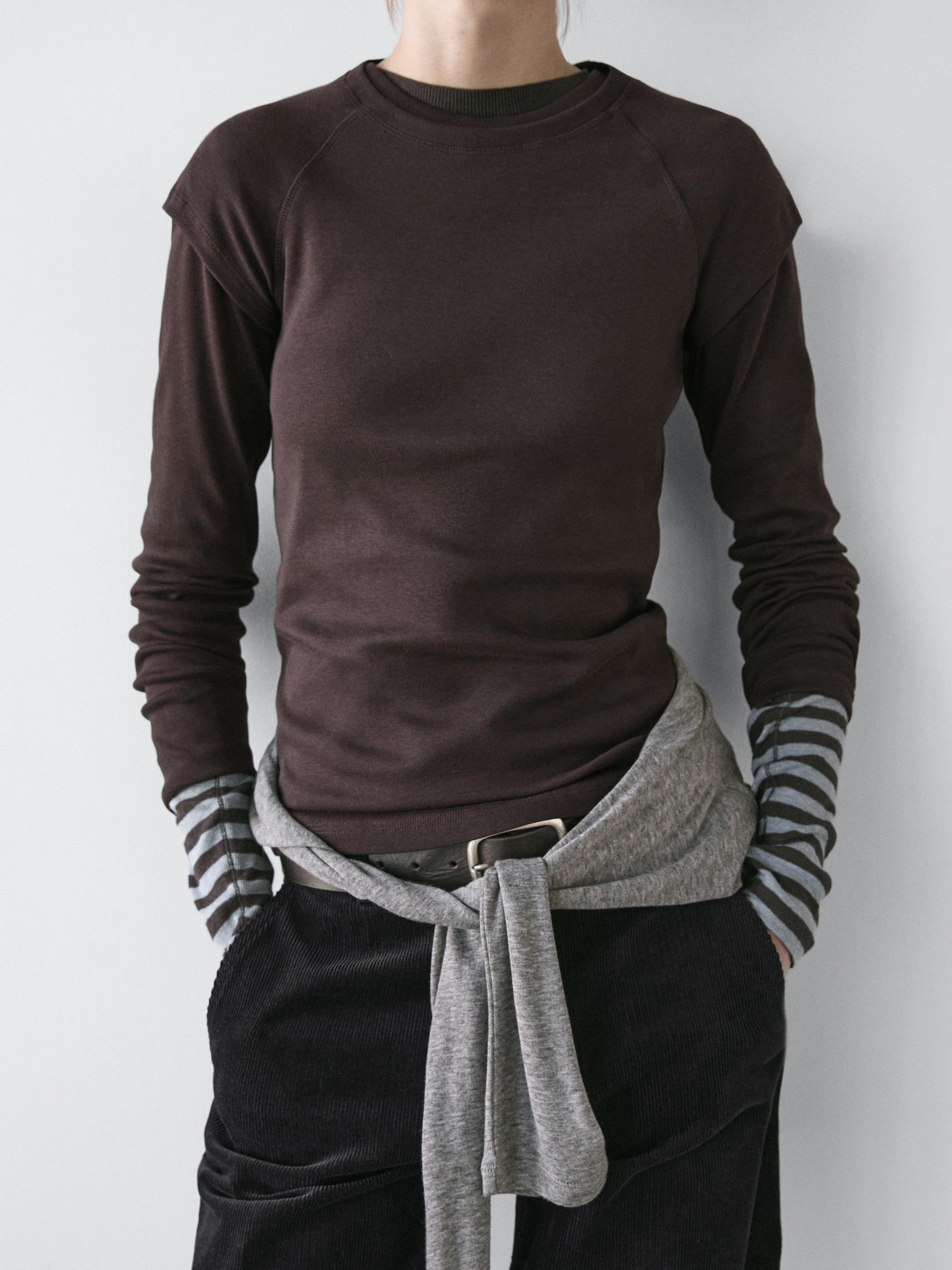 Ribbed long sleeve melange T-shirt — BROWN