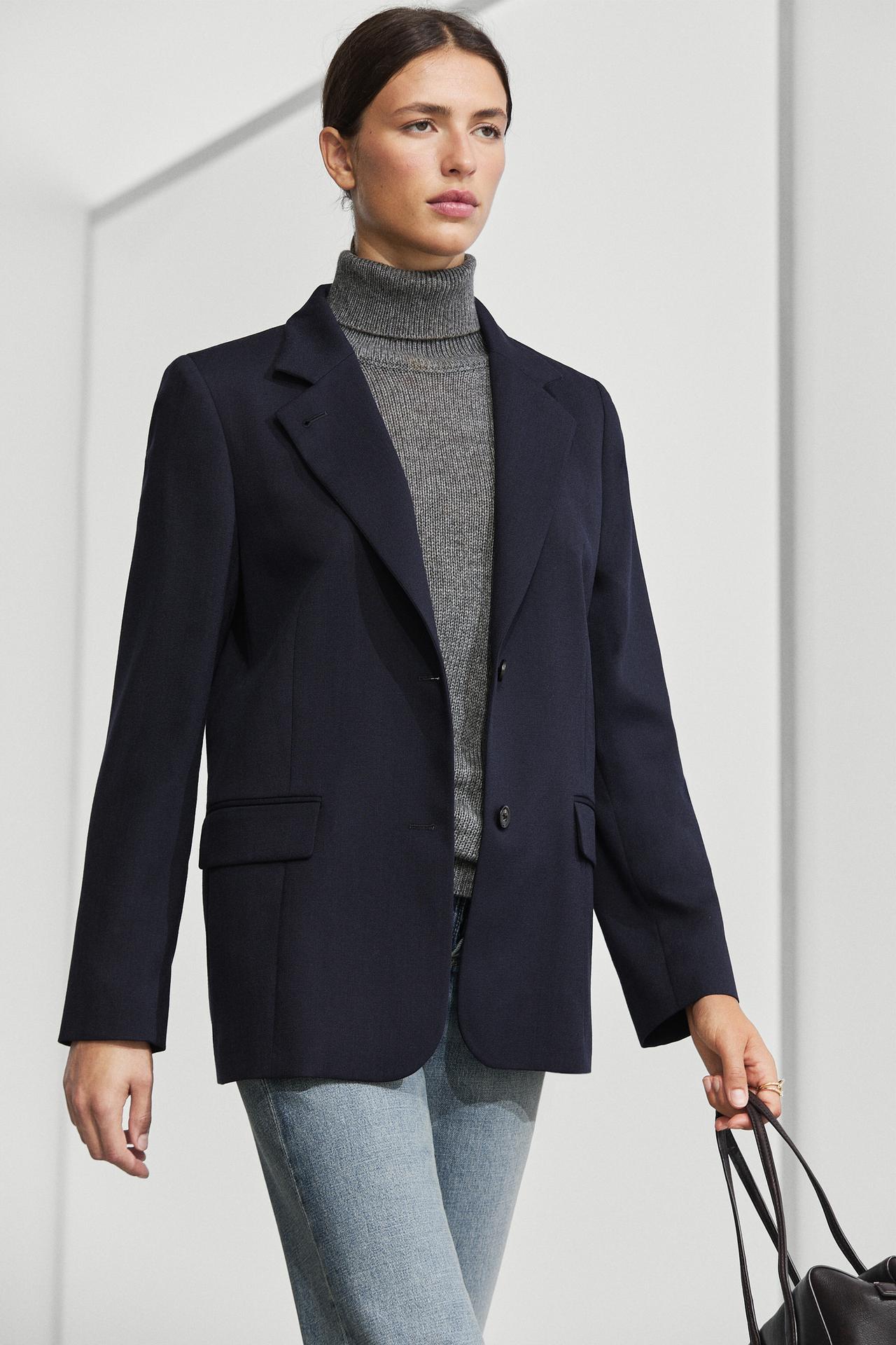 Wool blend blazer with stand-up collar — DEEP BLUE