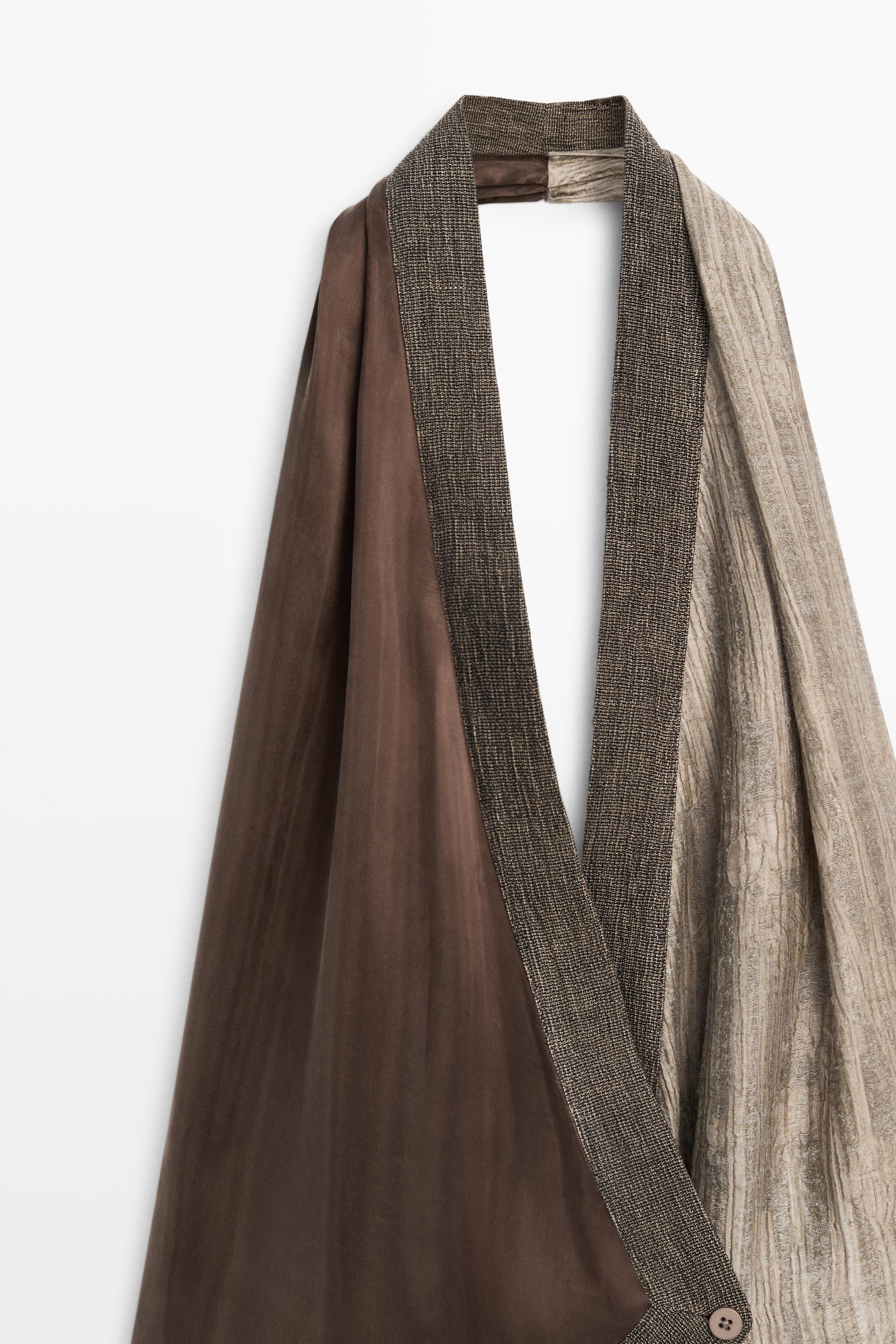 Flowing wrap top with mixed fabric detail — BROWN