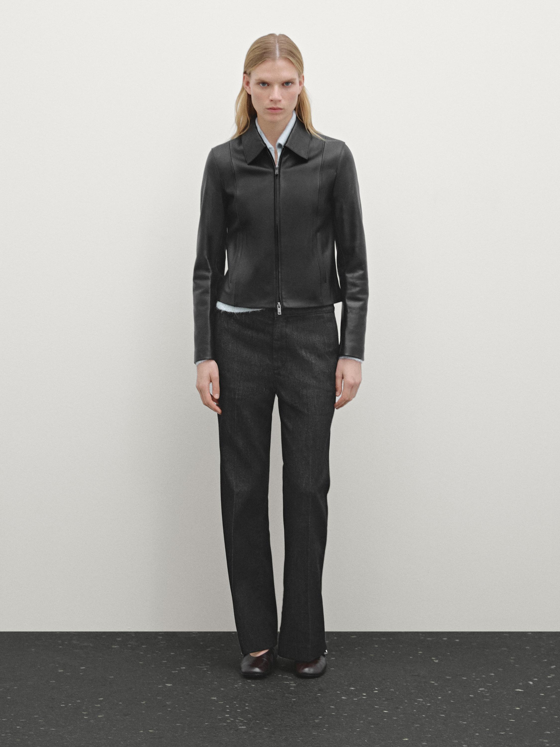 Massimo Dutti Leather Jacket Nappa Leather Biker Jacket · Black