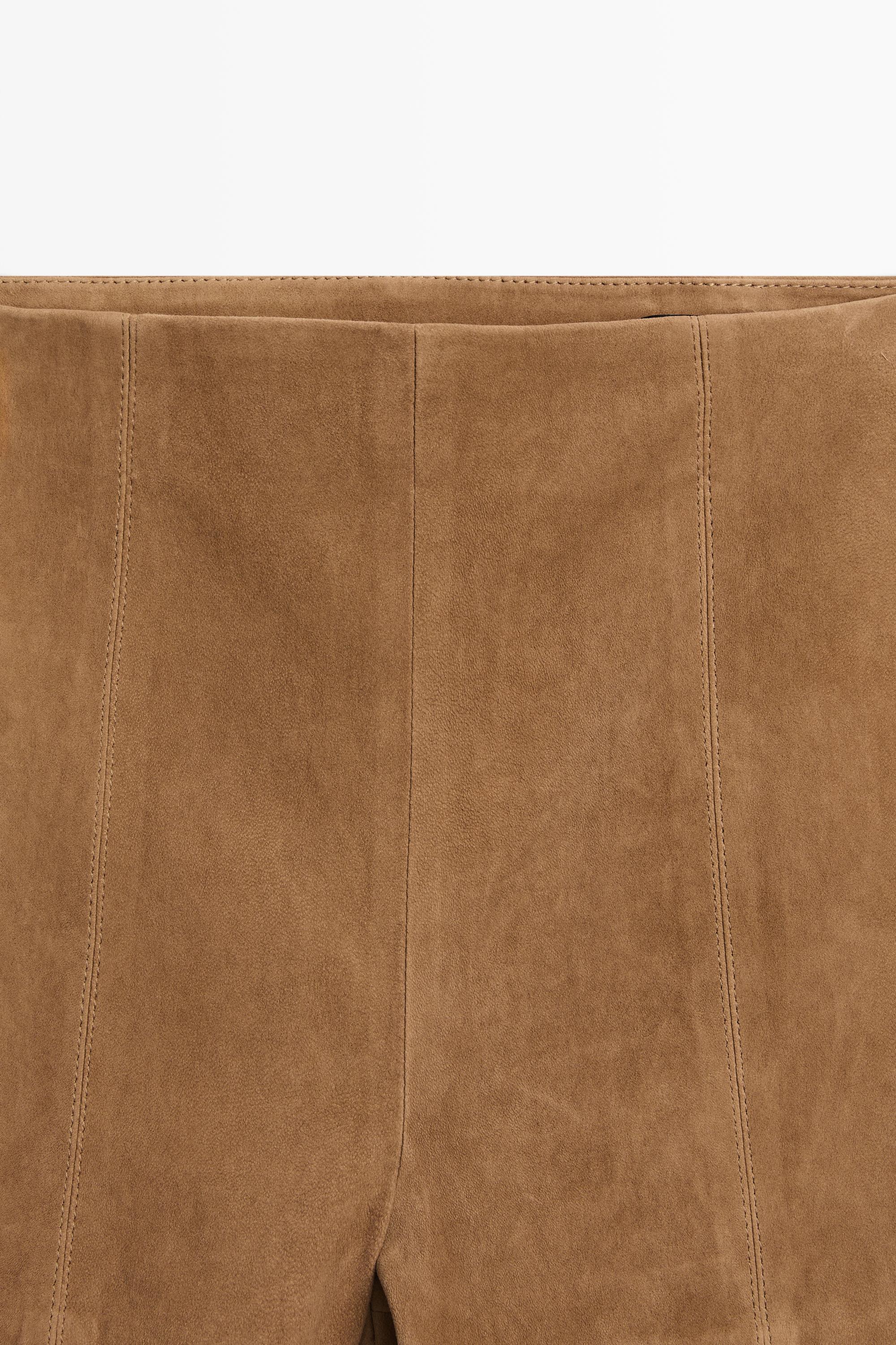 Suede leather shorts with seam details — CAMEL