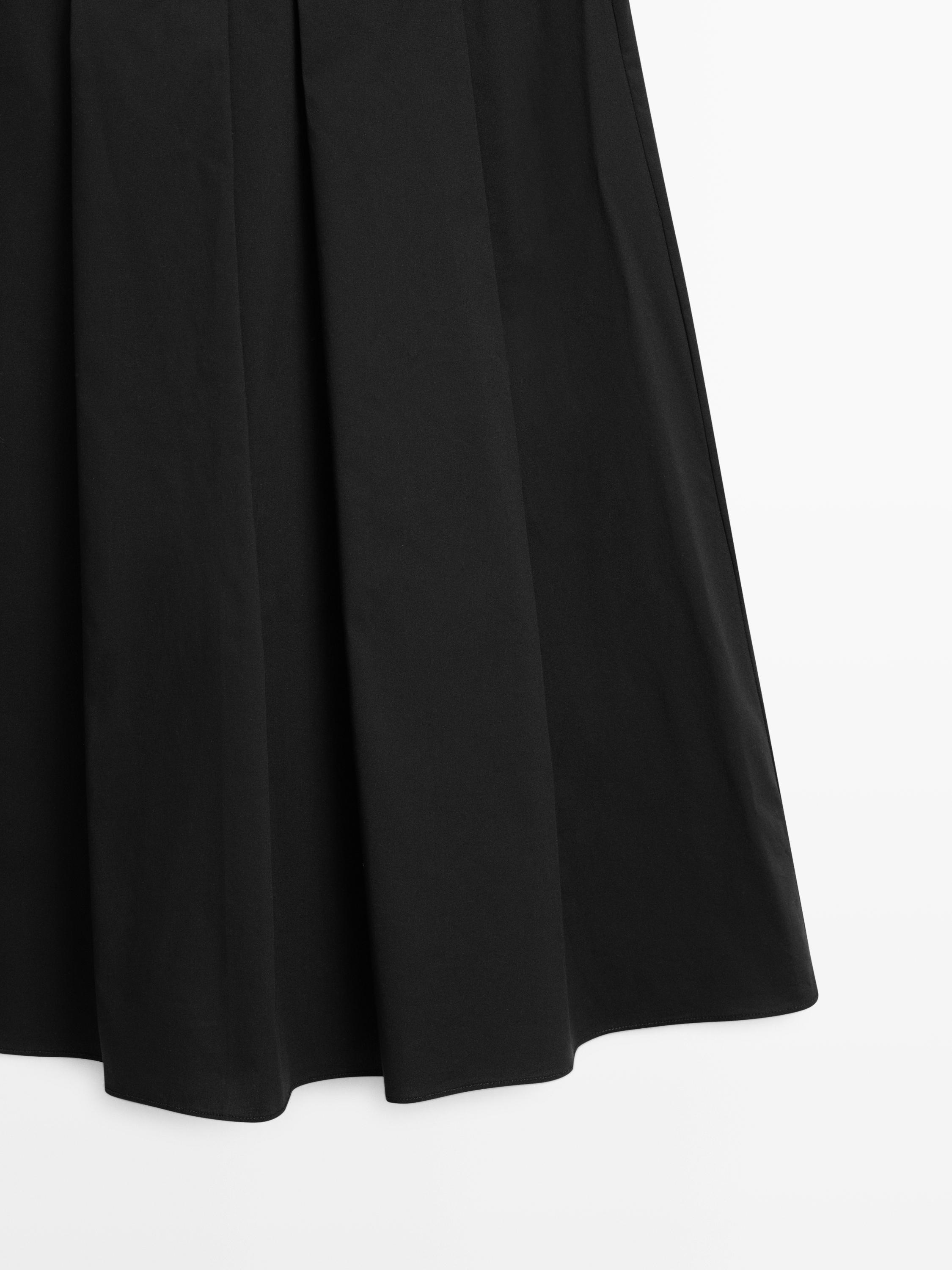 Cotton blend box pleat midi skirt — BLACK