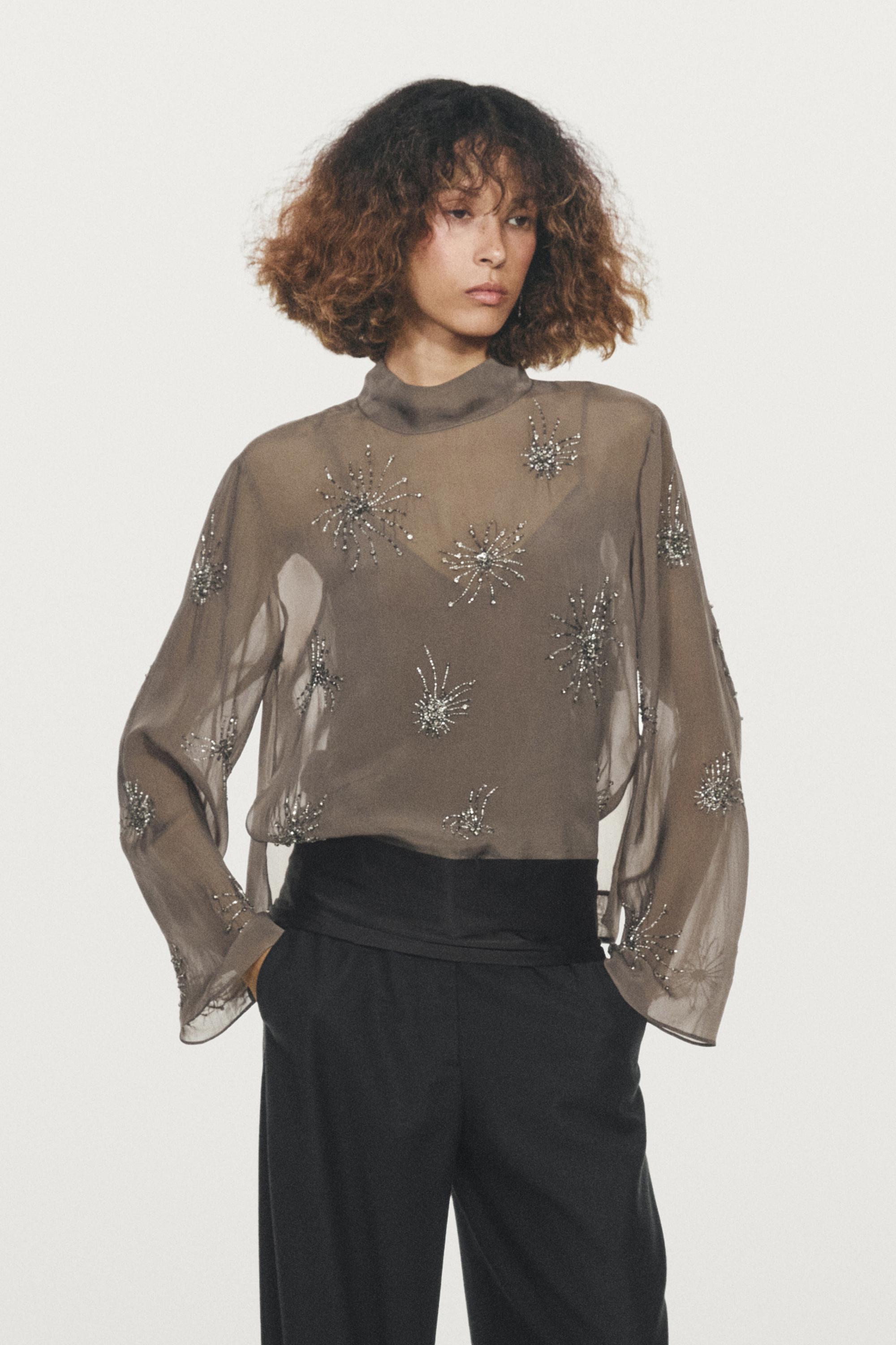 Embroidered semi-sheer blouse · Mink · Shirts | Massimo Dutti