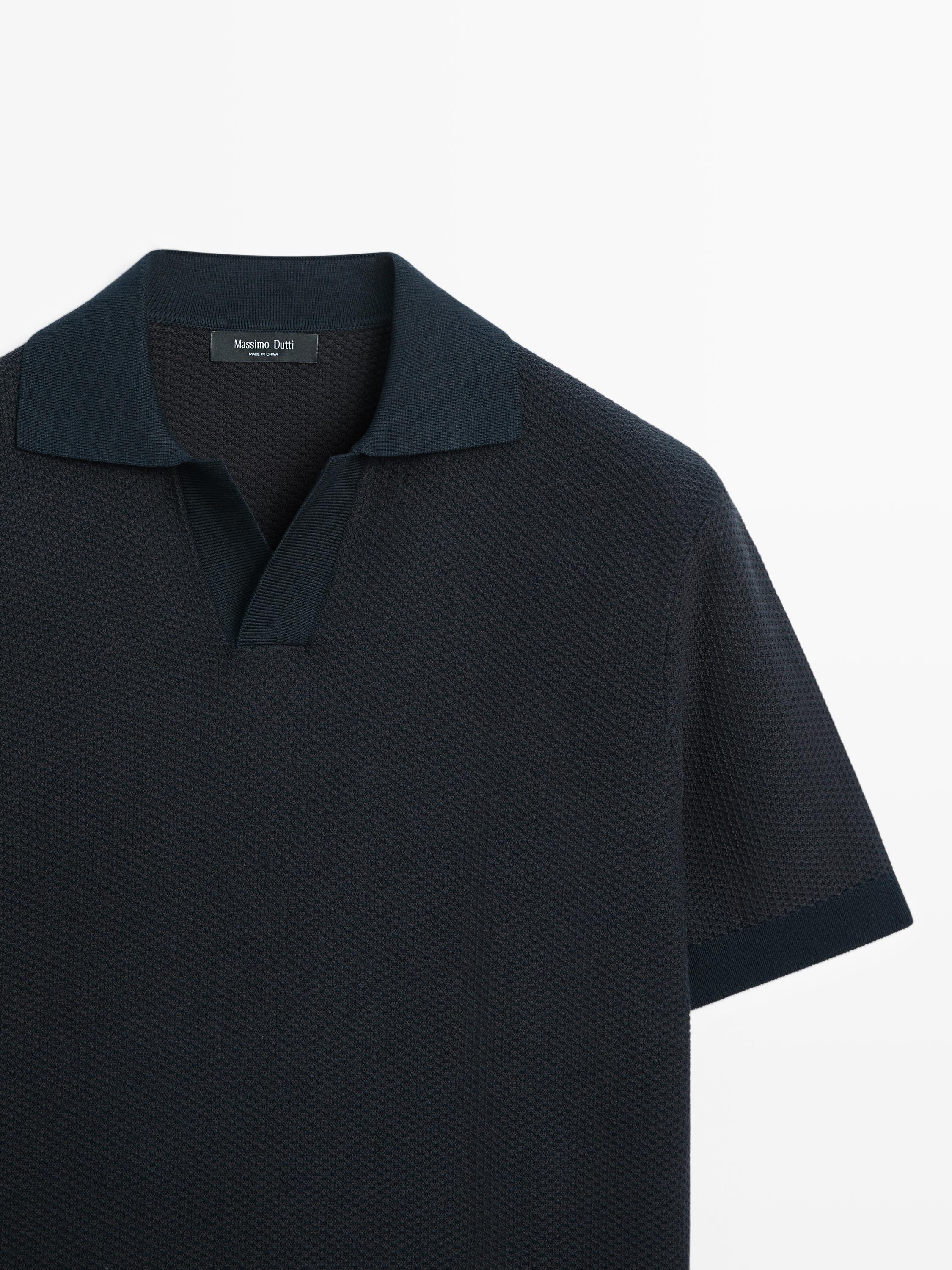 100% cotton textured knit polo sweater — NAVY BLUE