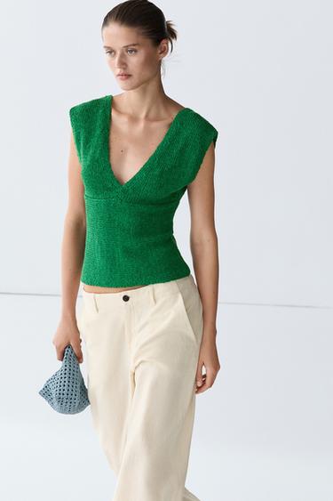 Cotton blend V-neck knit top — GREEN 3