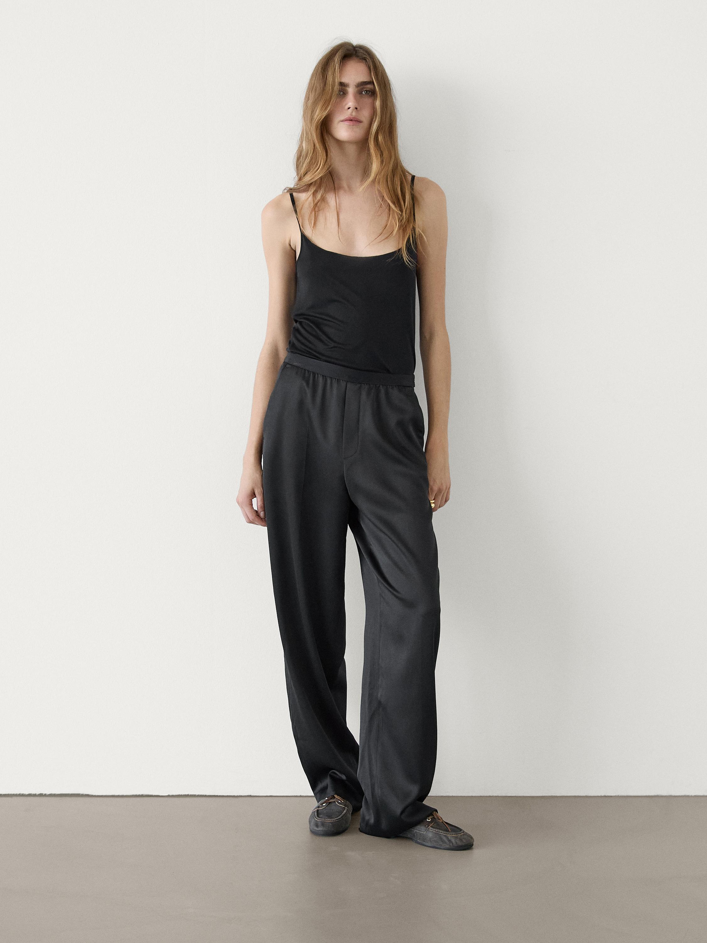 Straight-leg satin trousers with an elastic waistband