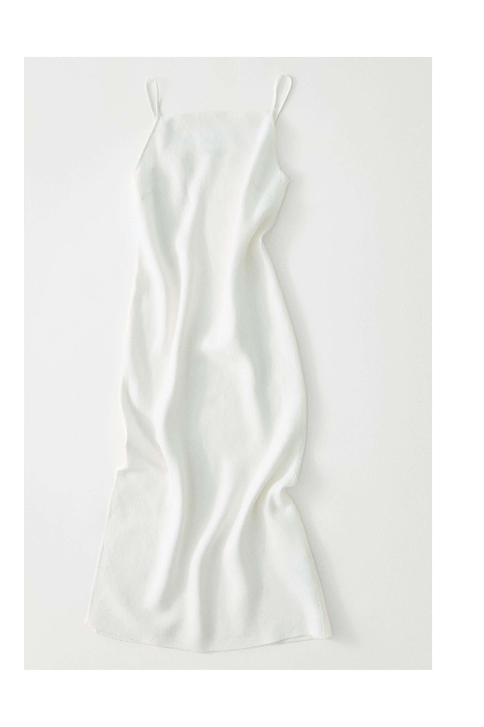 100% linen midi dress with straight neckline — WHITE