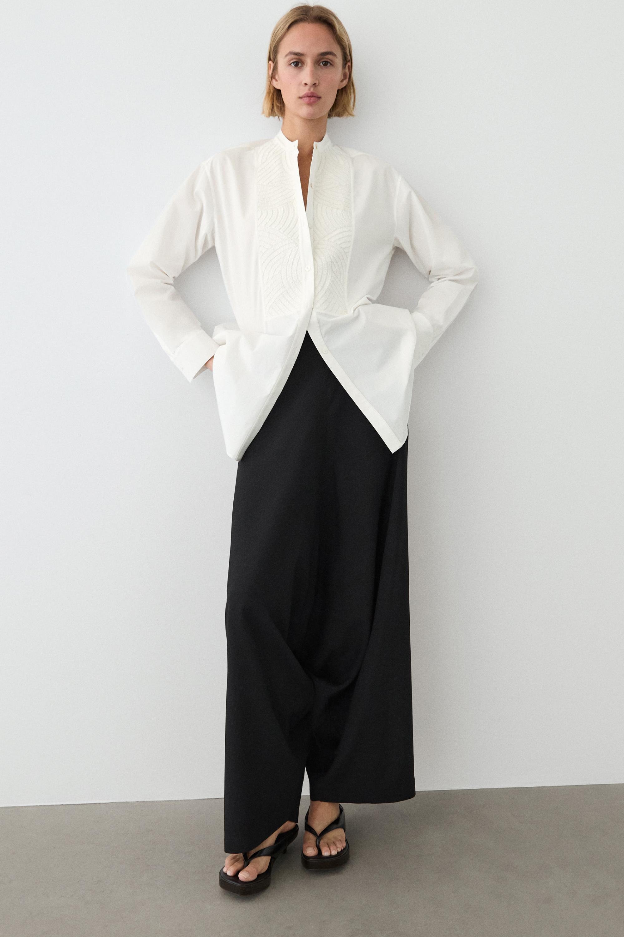 100% cotton poplin shirt with embroidered bib — WHITE
