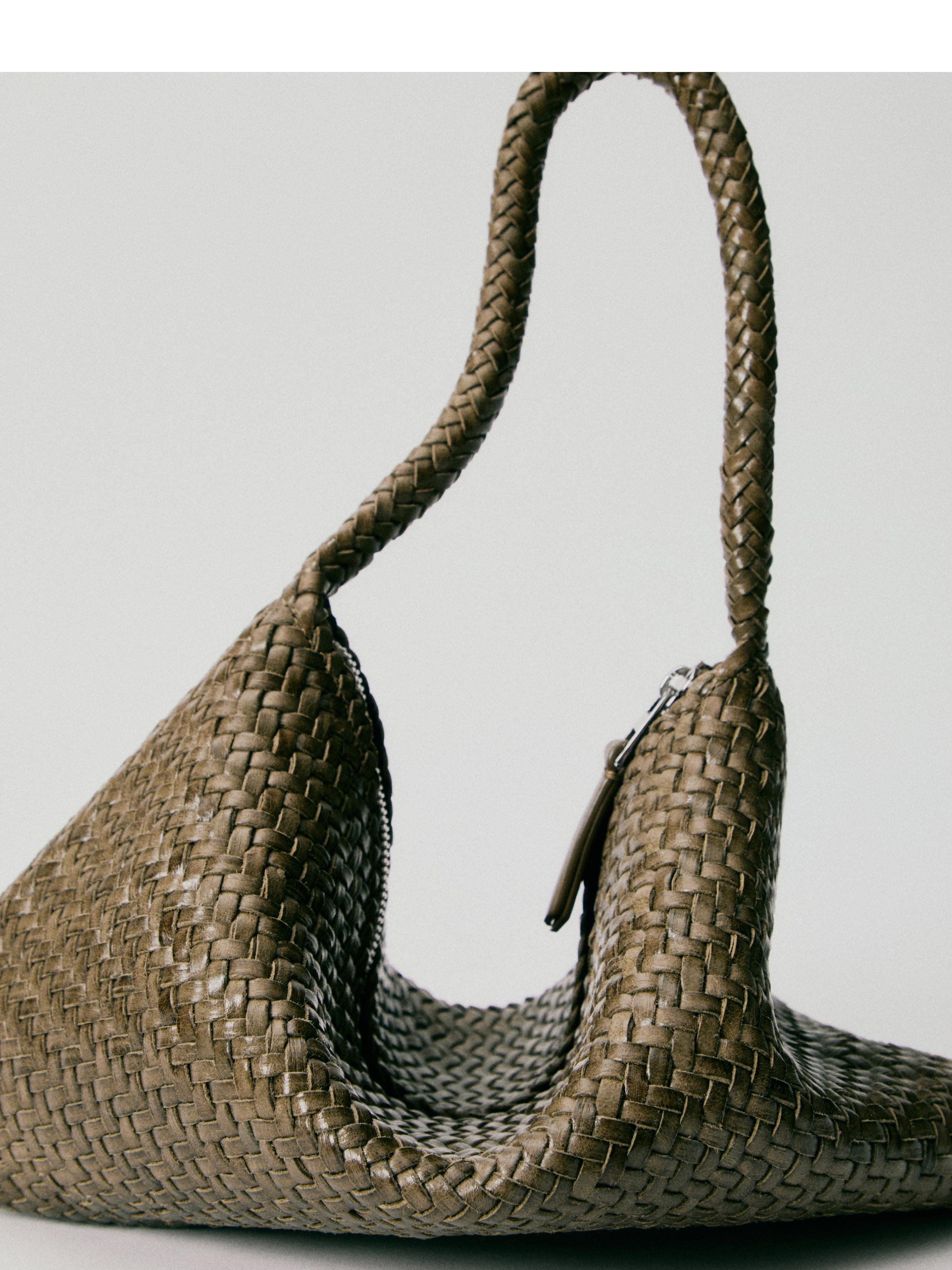 Mid-sized braided leather shoulder bag — KHAKI
