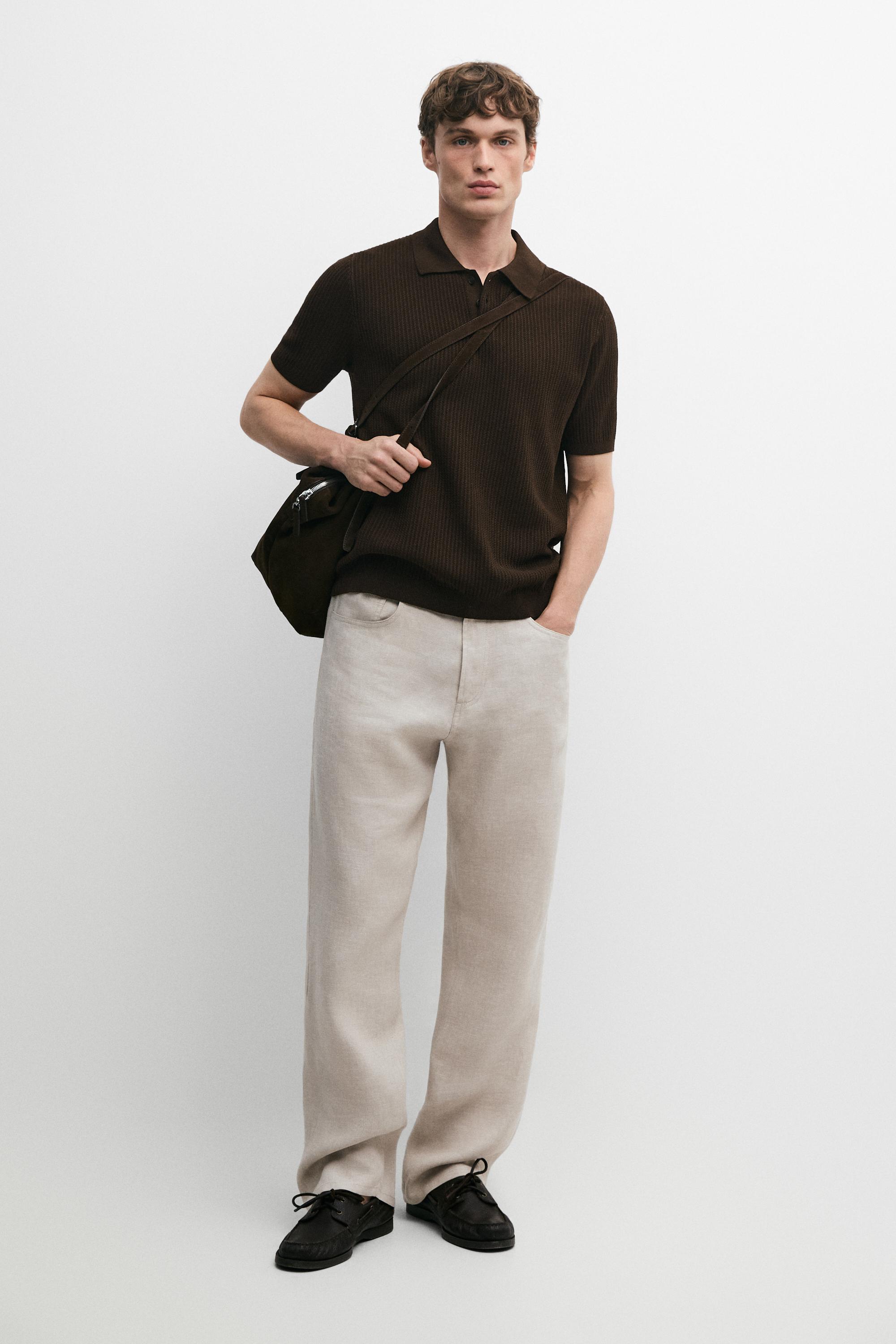 100% cotton textured knit polo sweater — BROWN MARL