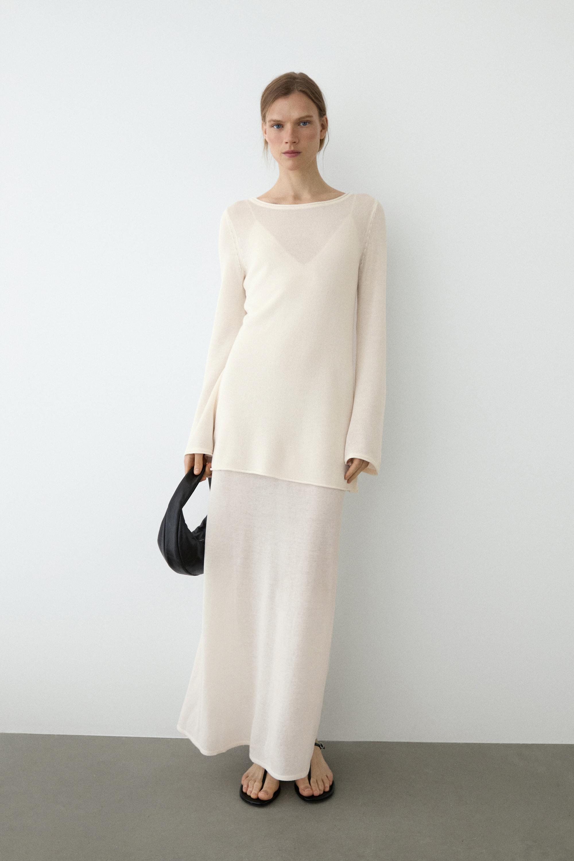 Double-layer knit dress with long sleeves — CREAM